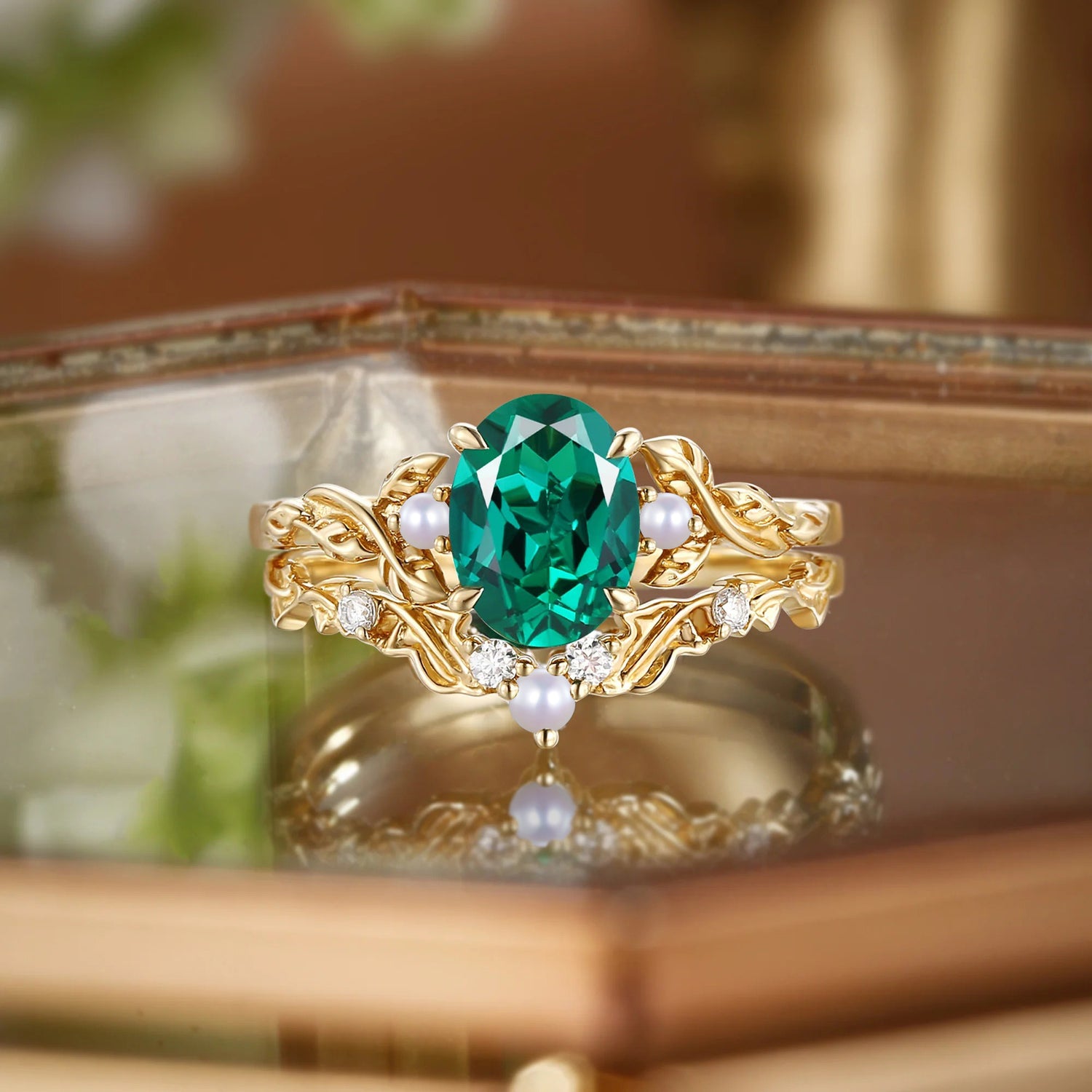 Oval Cut Lab Emerald&Pearl Leafy Engagement Ring Set 2pcs - Eden
