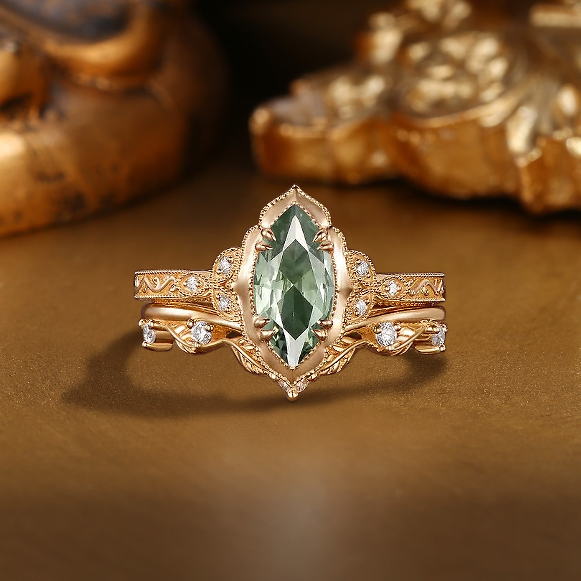 Lorraine - Royalcore Marquise Cut Lab Green Sapphire Victorian Vintage Bridal Sets 2PCS