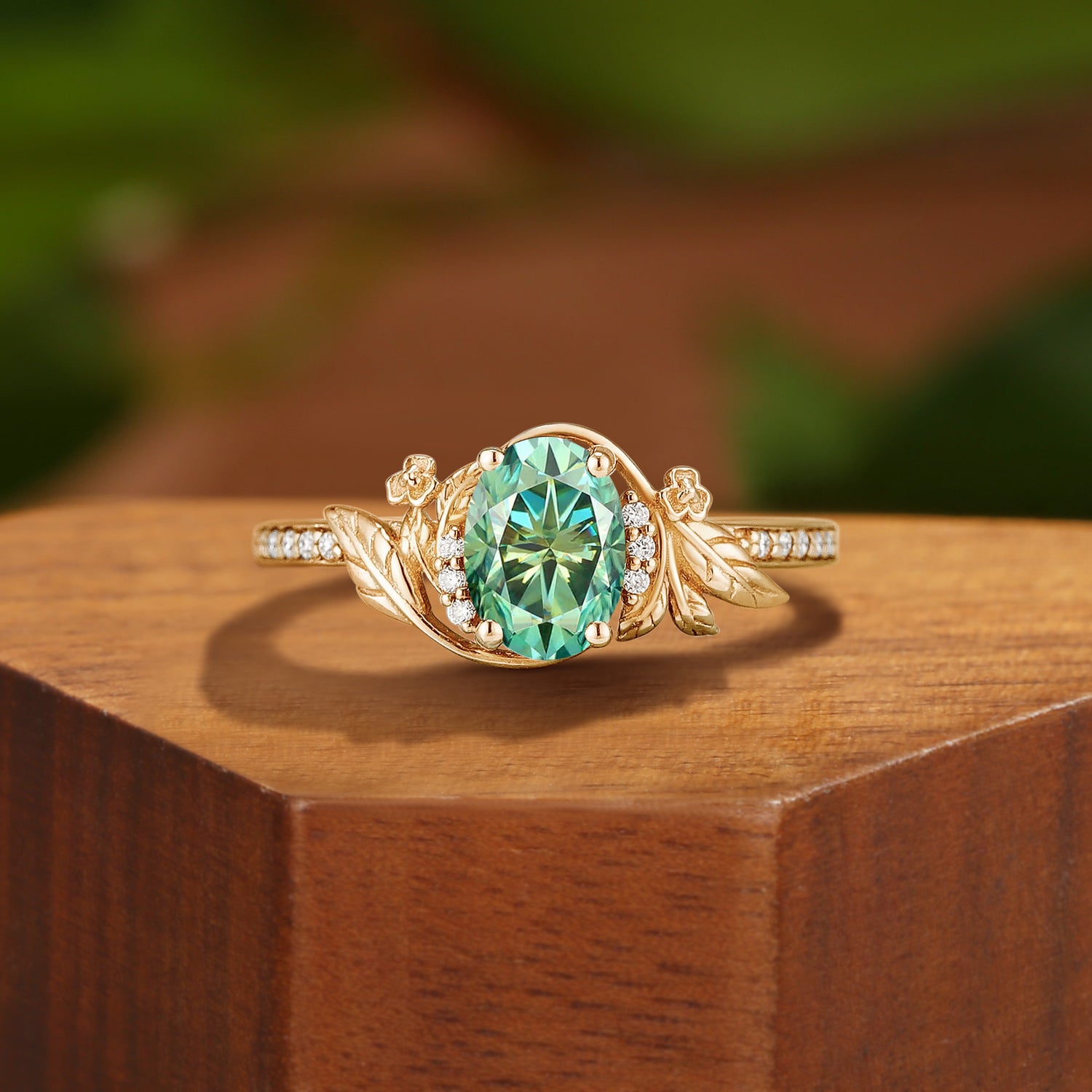Charlotte - Oval Cut Mint Green Moissanite Bloom & Leaf Engagement Ring