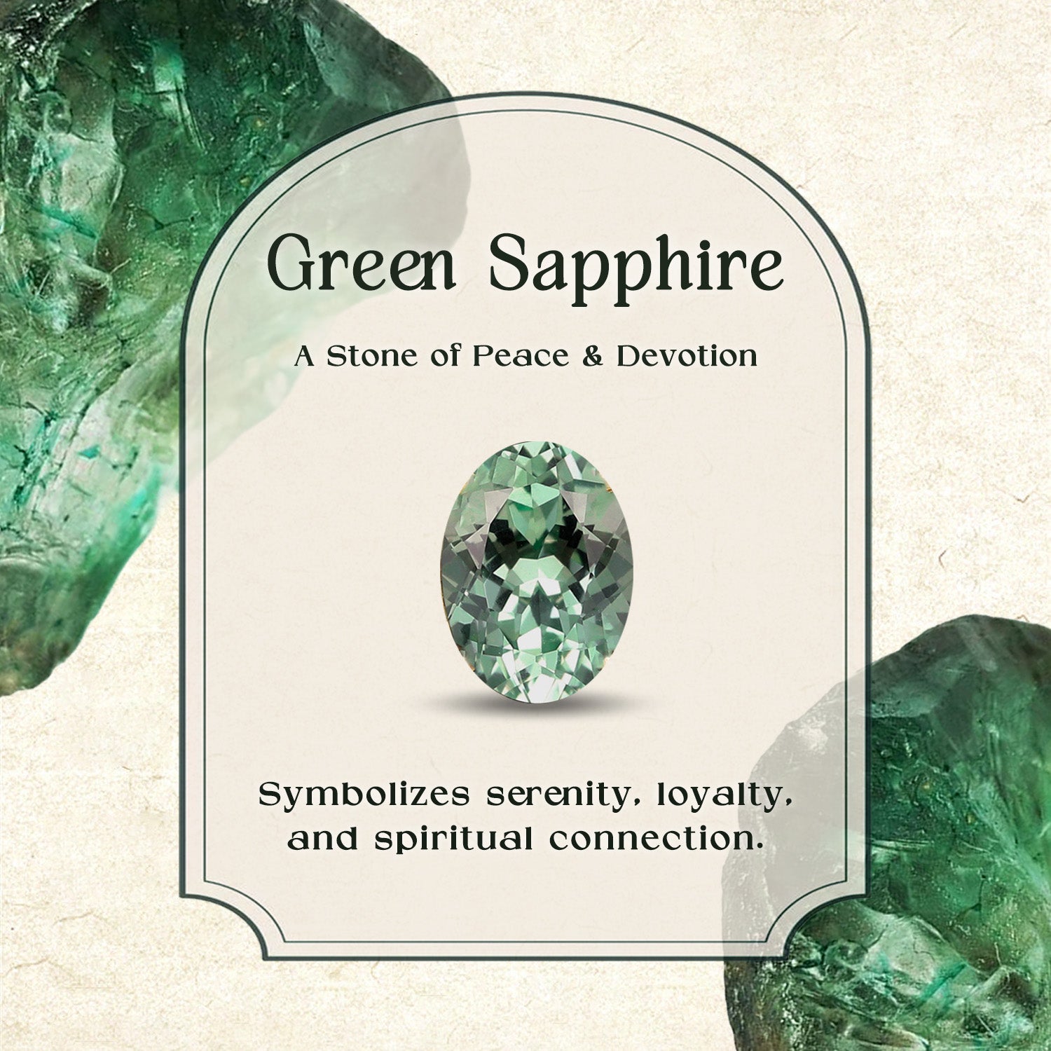 Green sapphire stone with descriptive text on a textured background