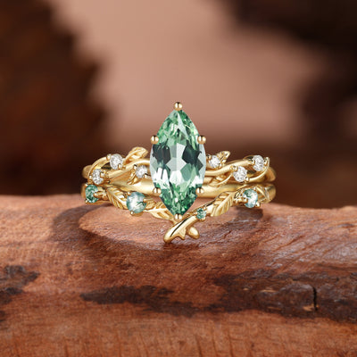 Marquise Cut Lab Mint Green Sapphire Leafy Bridal Set 2pcs - Clarissa