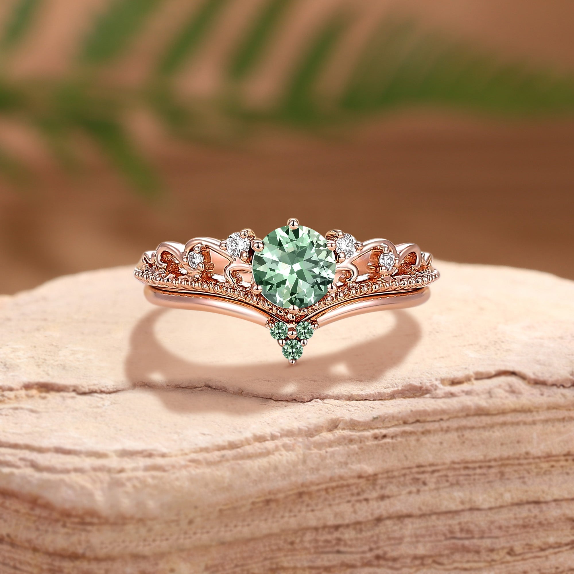 Blue Green Sapphire Princesscore Vintage Engagement Ring Set 2pcs - Maëlys