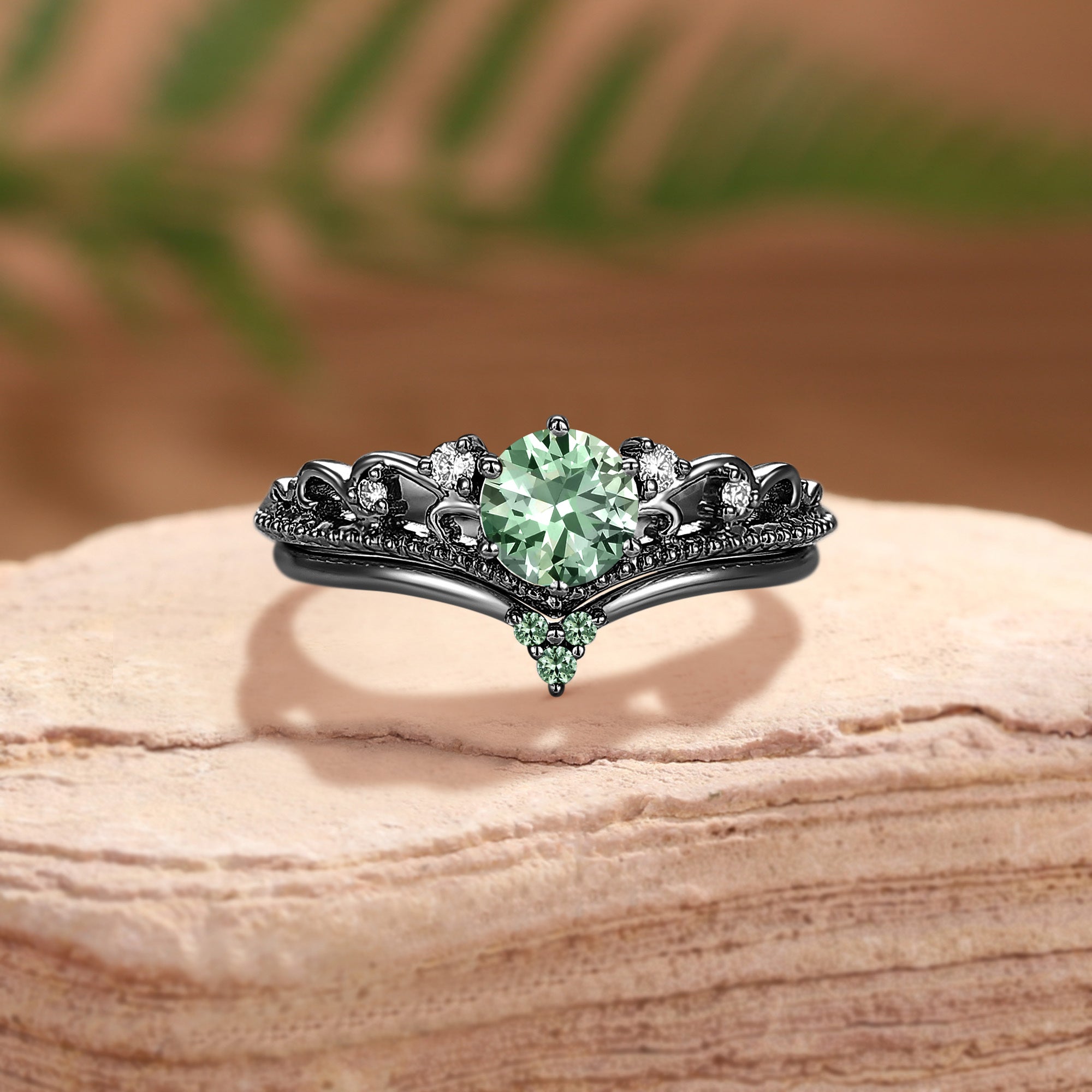 Blue Green Sapphire Princesscore Vintage Engagement Ring Set 2pcs - Maëlys