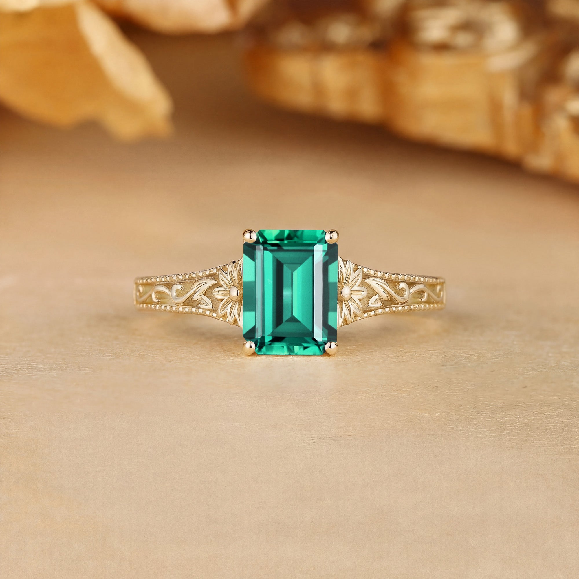 Art Deco Emerald Cut Emerald Filigree Flower Engagement Ring - Rosalie
