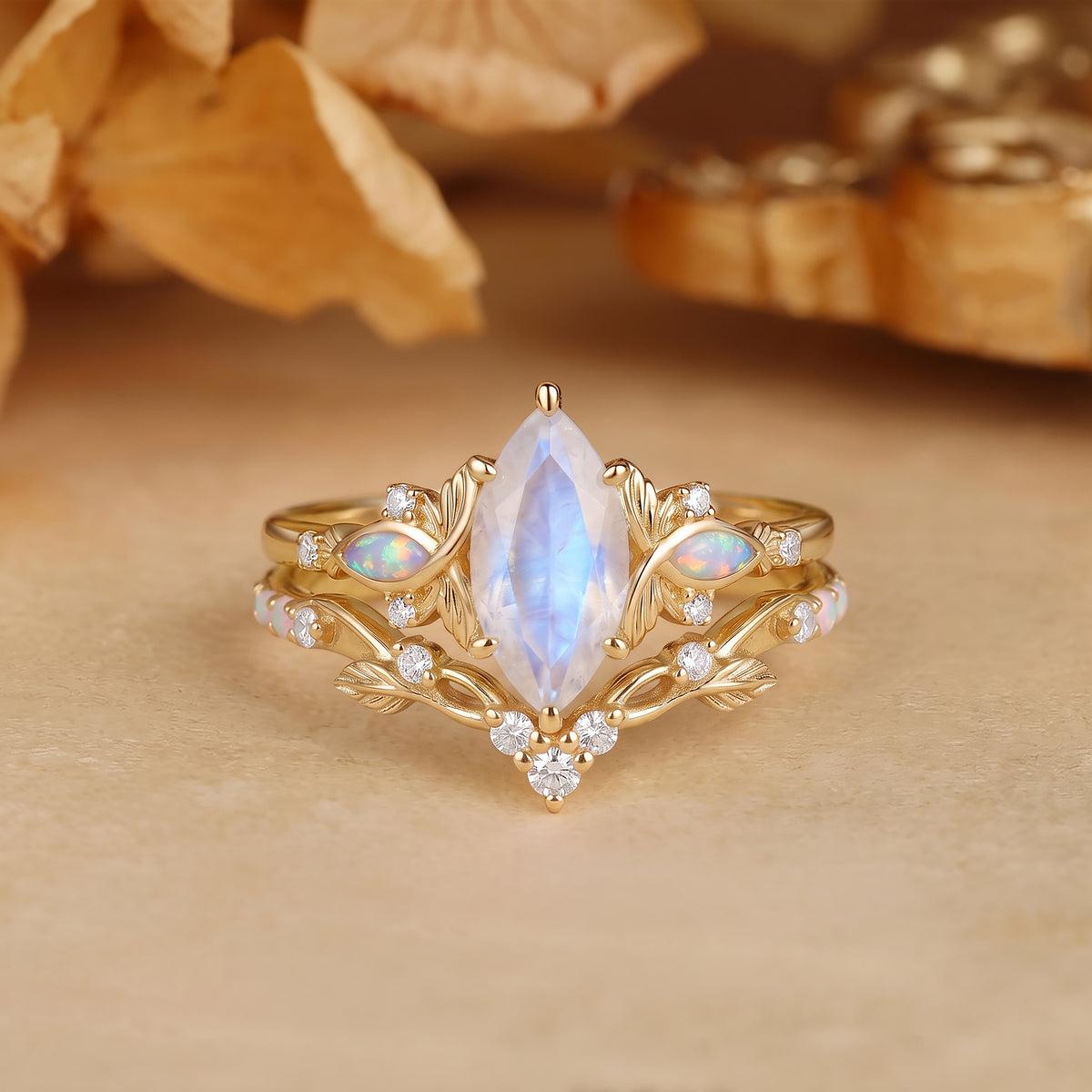 Forest Fairy Marquise Cut Moonstone Twist Lefay Bridal Ring Set 2pcs - Letitia