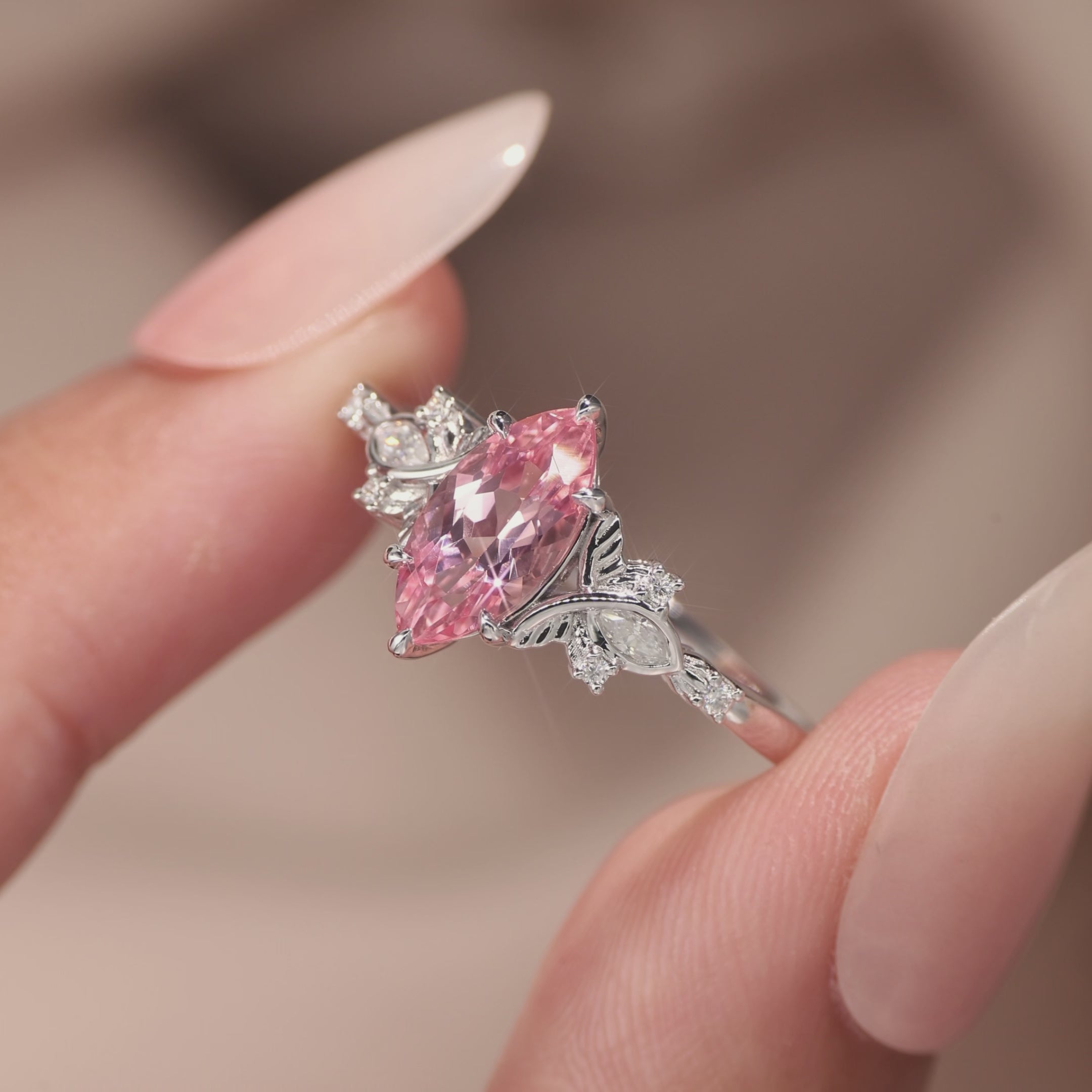 Load video: Forest Fairy Marquise Cut Pink Sapphire Leafy Engagement Ring - Letitia