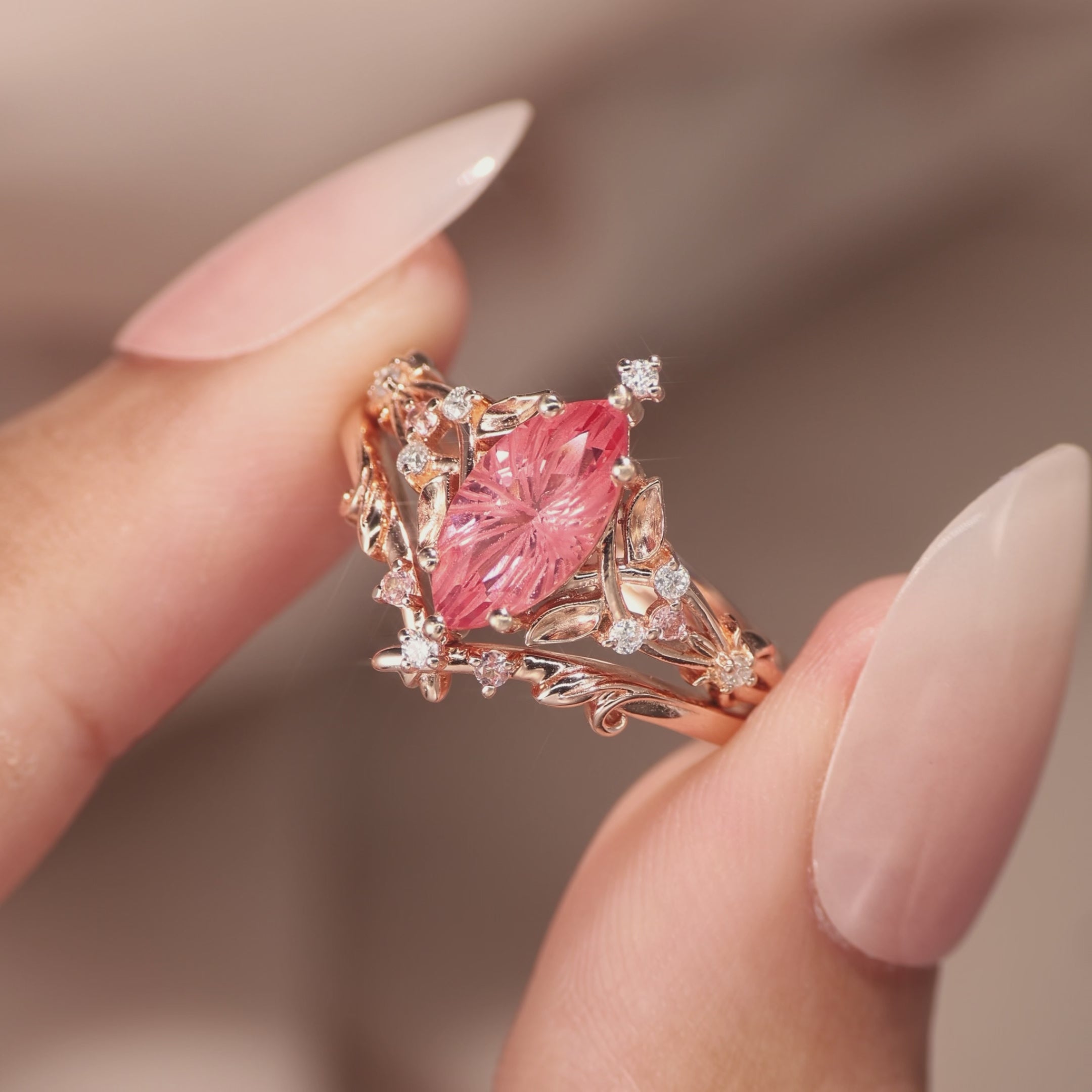 Load video: Floral Fairy Marquise Firework Cut Padparadscha Sapphire Leafy Bridal Set 2pcs - Faith