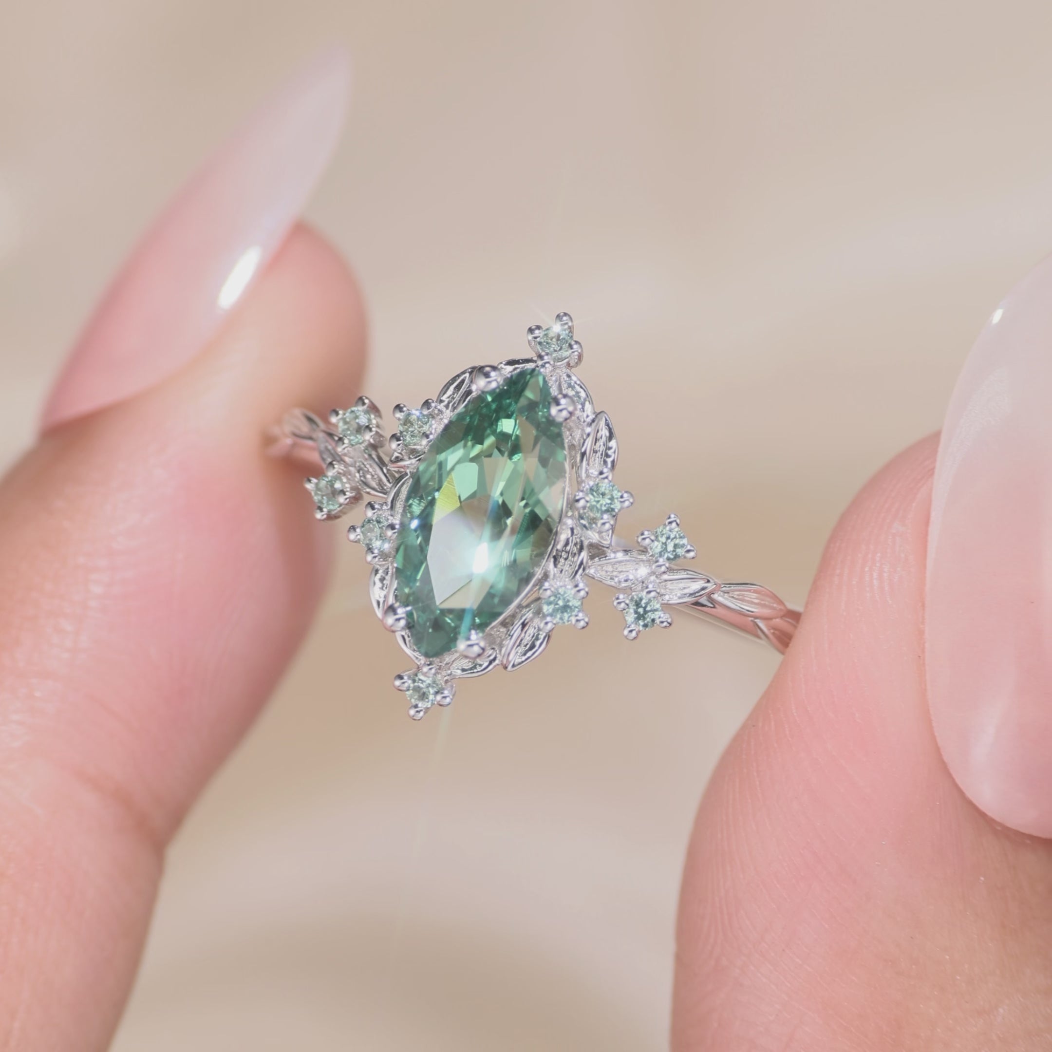 Load video: Eulalie - Marquise Cut Lab Green Sapphire Elf Engagement Ring