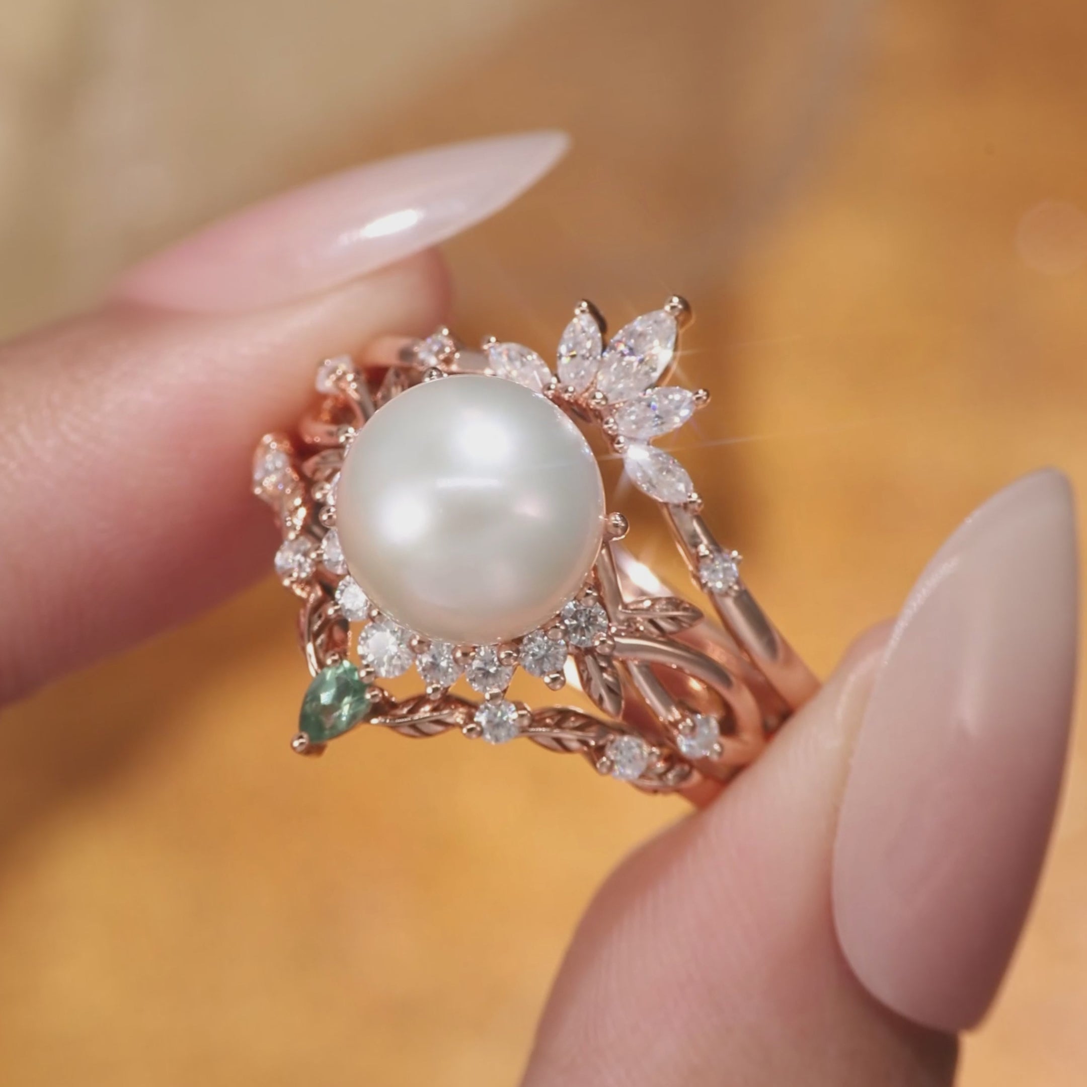 Load video: Round Pearl Twist Inspired Enhancer Engagement Ring Set 3pcs - Drisana