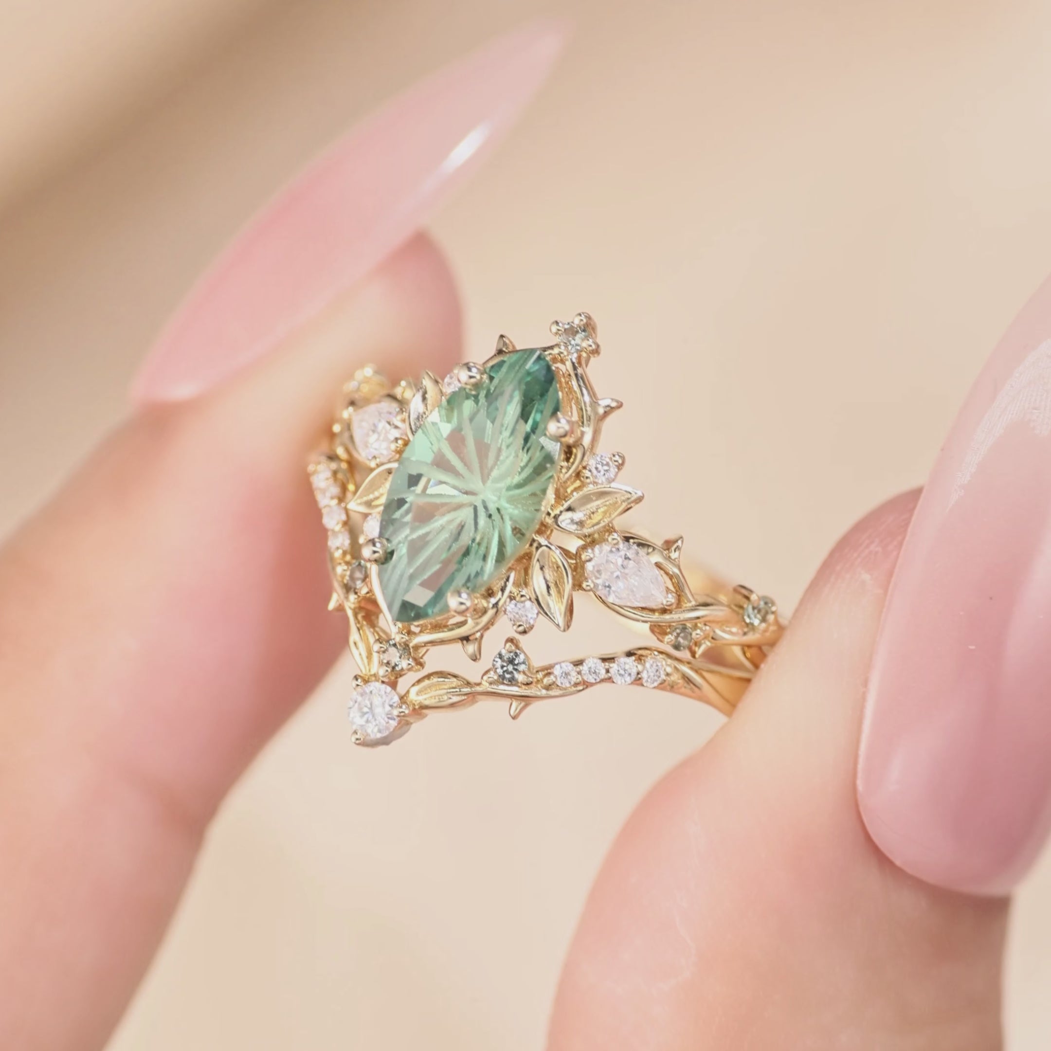 Load video: Forest Fairy Marquise Firework Cut Green Sapphire Leafy Inspired Bridal Set 2pcs - Fae