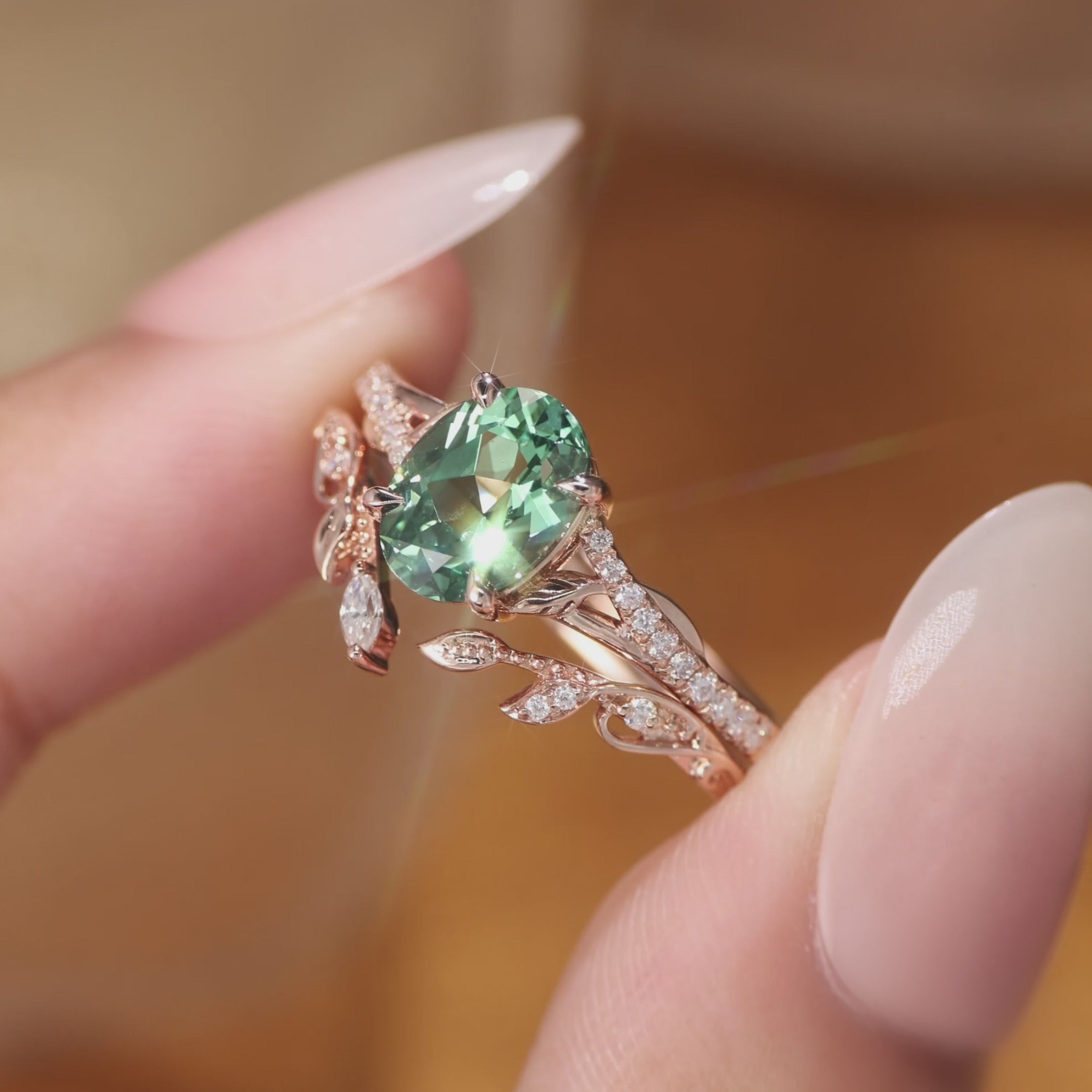 Load video: Hermine - Lab Mint Green Sapphire Leaf Fairy Engagement Ring Set 2pcs