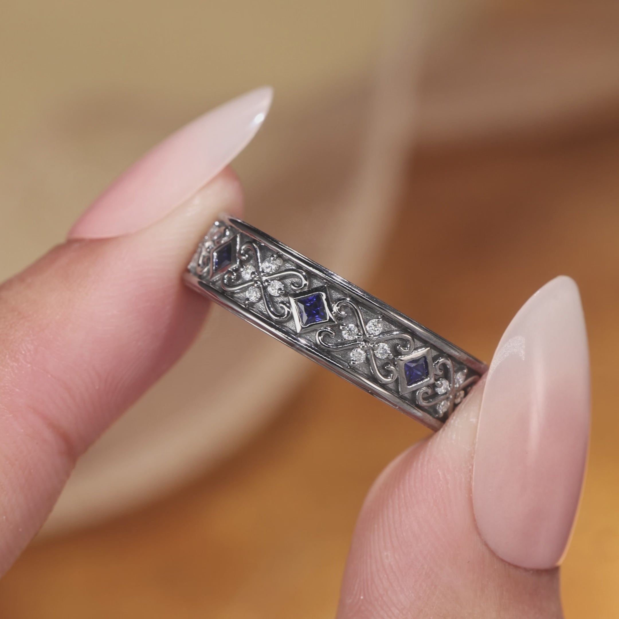 Load video: 5.5MM Branch Blue Sapphire Cluster Men Ring