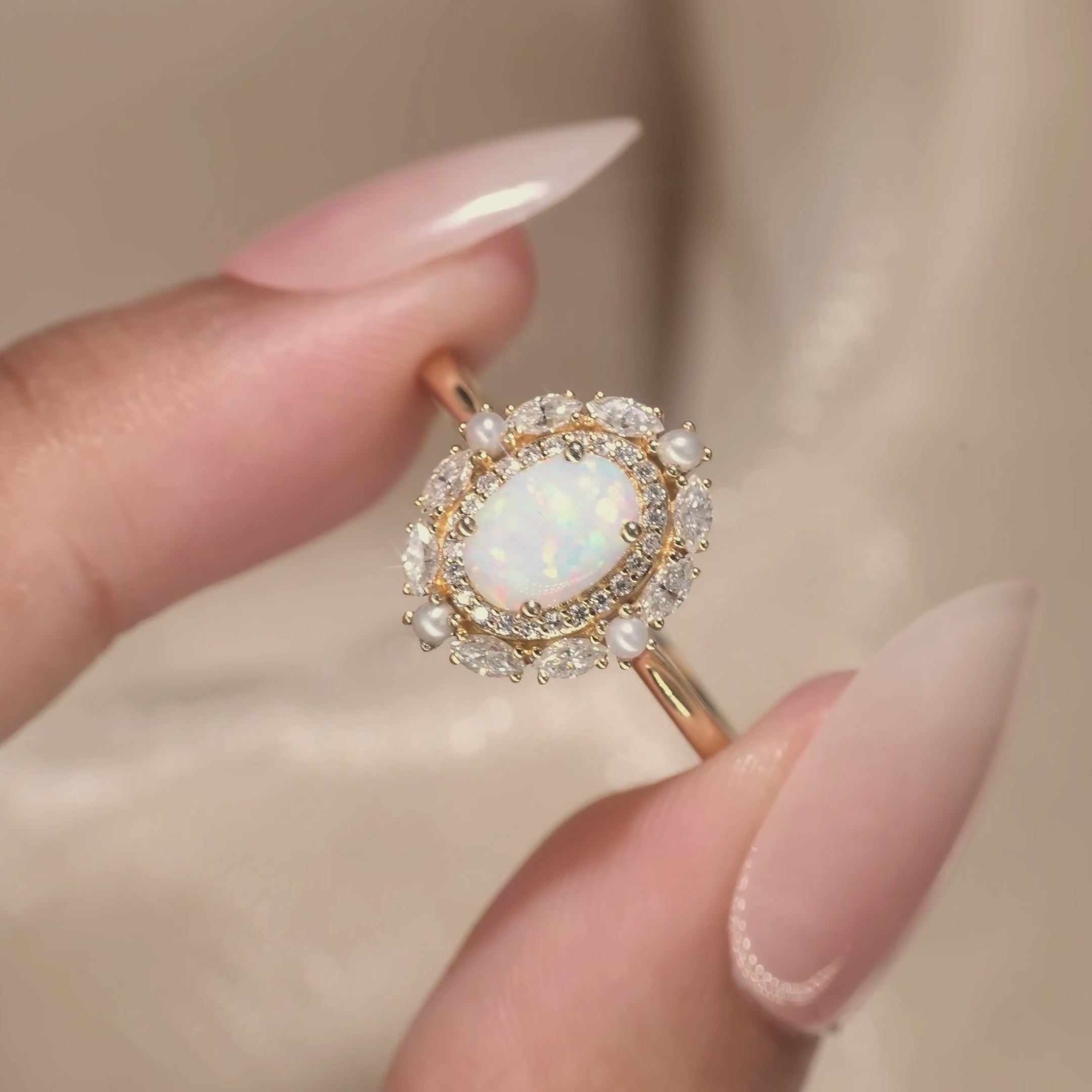 Load video: Odessa - Opal &amp; Pearl Bouble Halo Engagement Ring