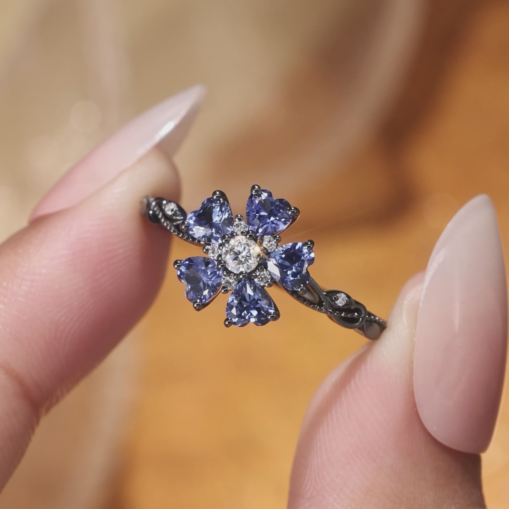Load video: Marguerite - Flower Cornflower Blue Sapphire Filigree Engagement Ring