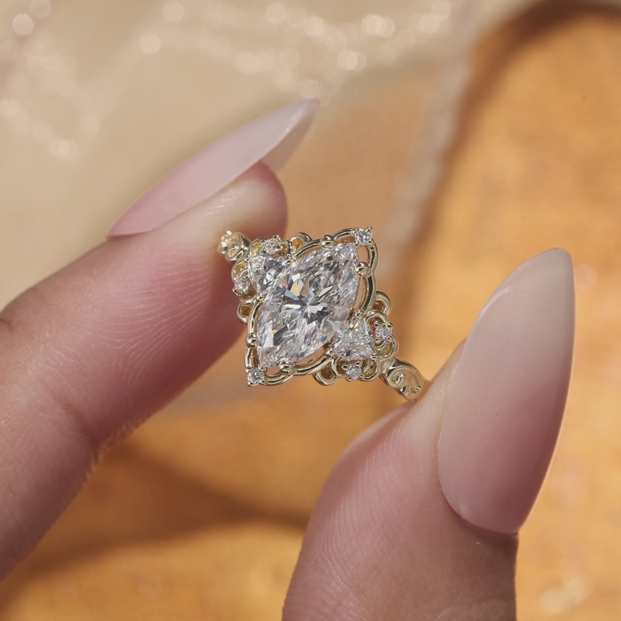 Load video: 1CT Lab Grown Diamond Three Stone Marquise Cut Filigree Engagement Ring - Fleur