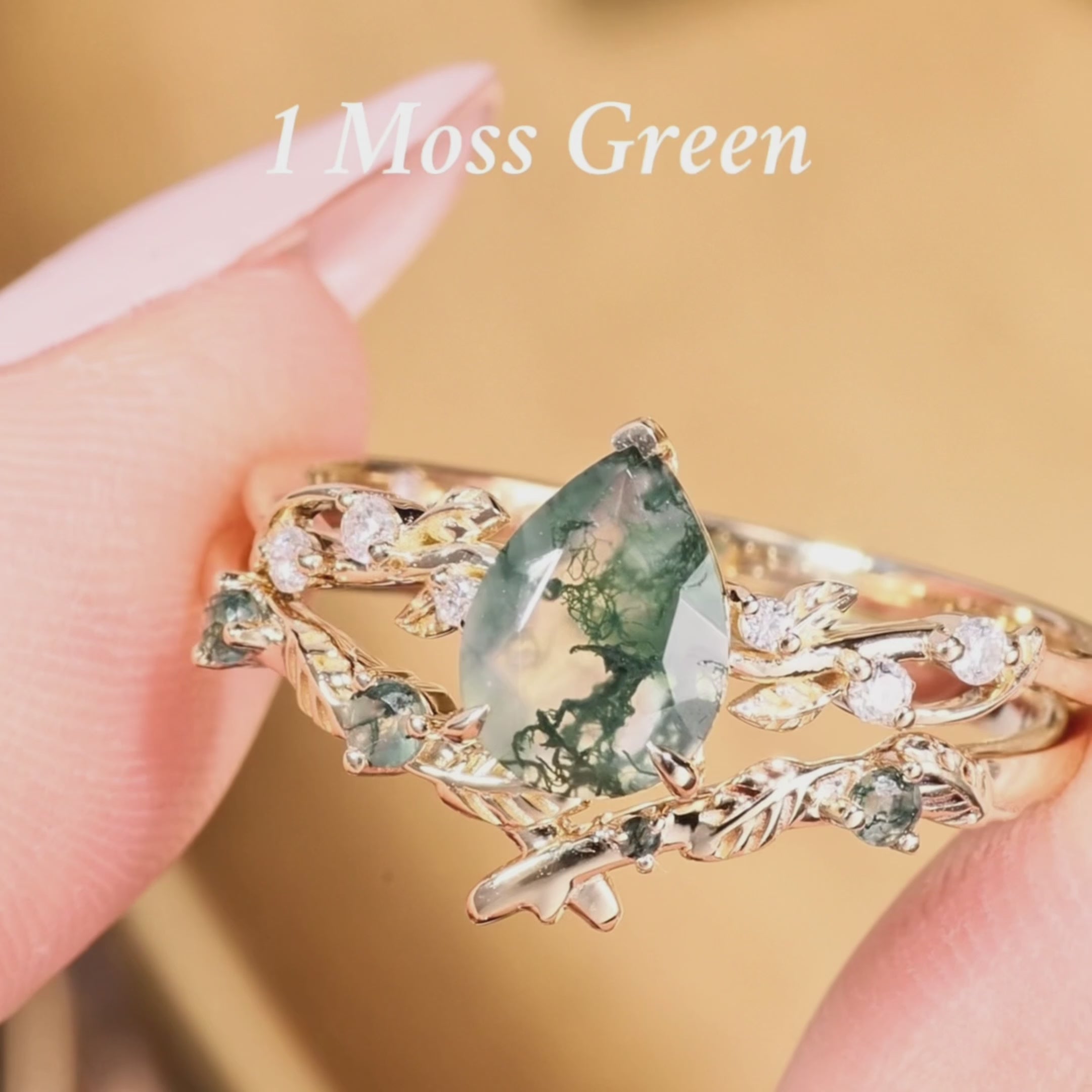 Load video: Clarissa - Pear Cut Lab Green Sapphire Leafy Bridal Set 2pcs