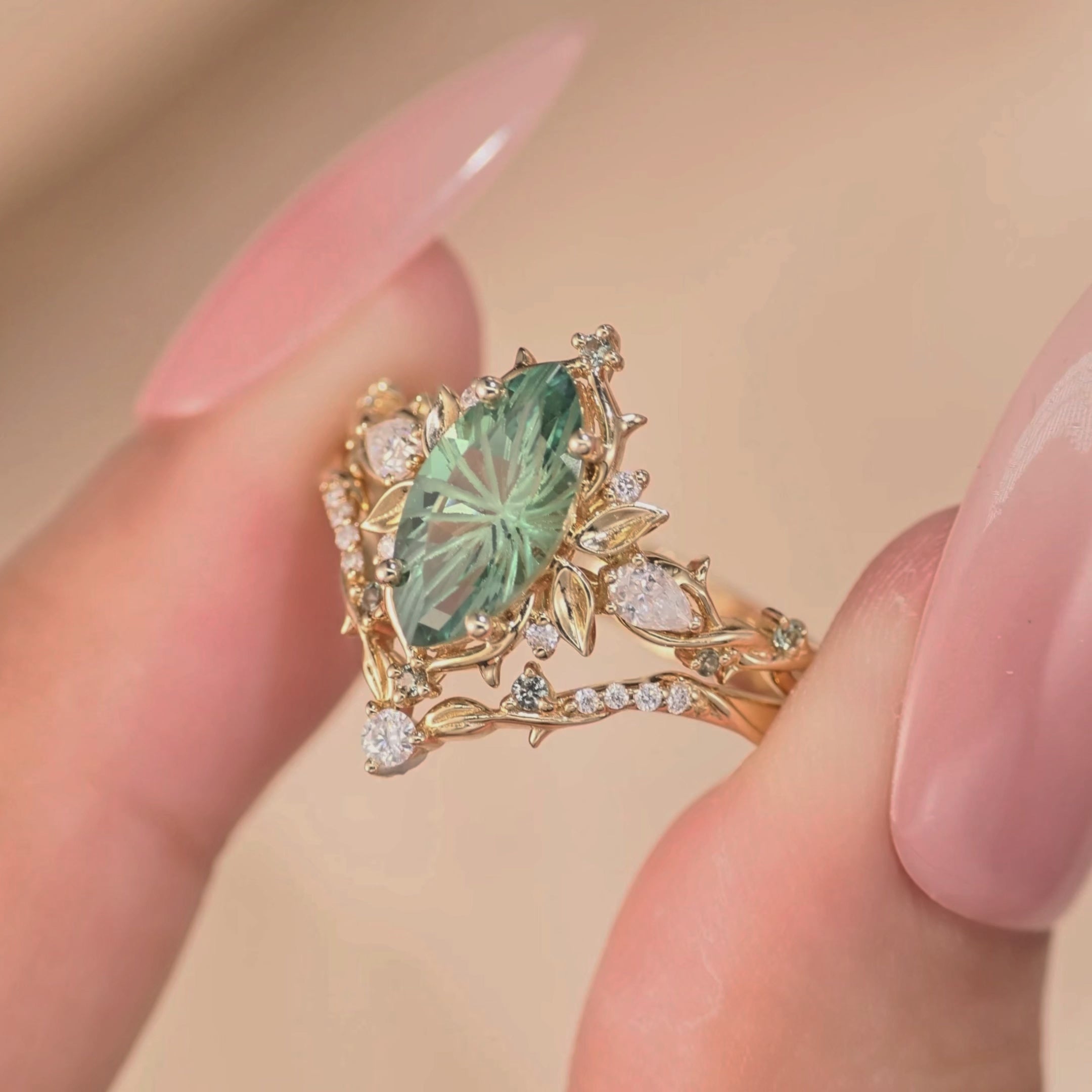 Load video: Forest Fairy Marquise Firework Cut Green Sapphire Leafy Inspired Bridal Set 2pcs - Fae
