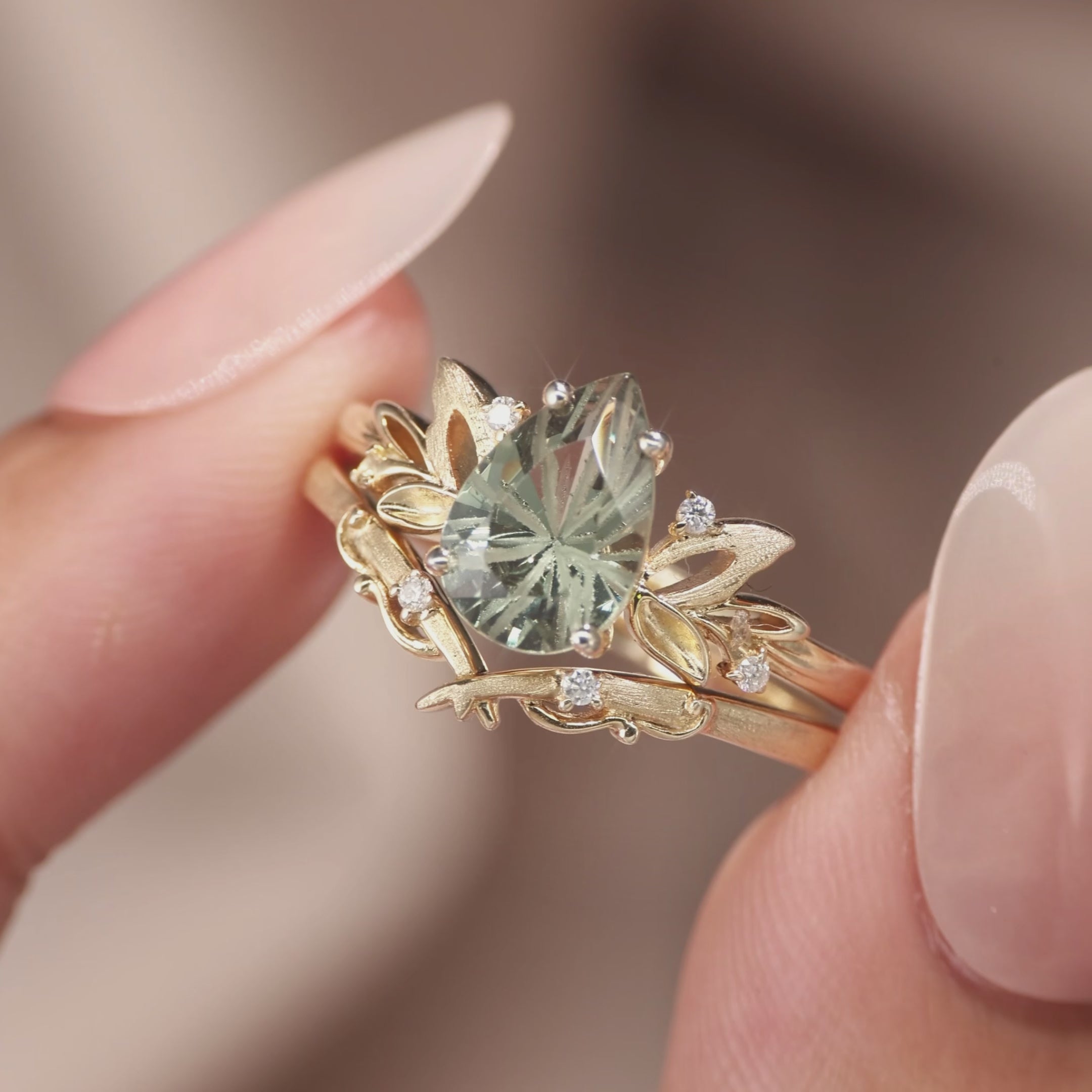 Load video: Wind Fairy  Firework Cut Pear Green Sapphire Leafy Bridal Set 2pcs - Ines