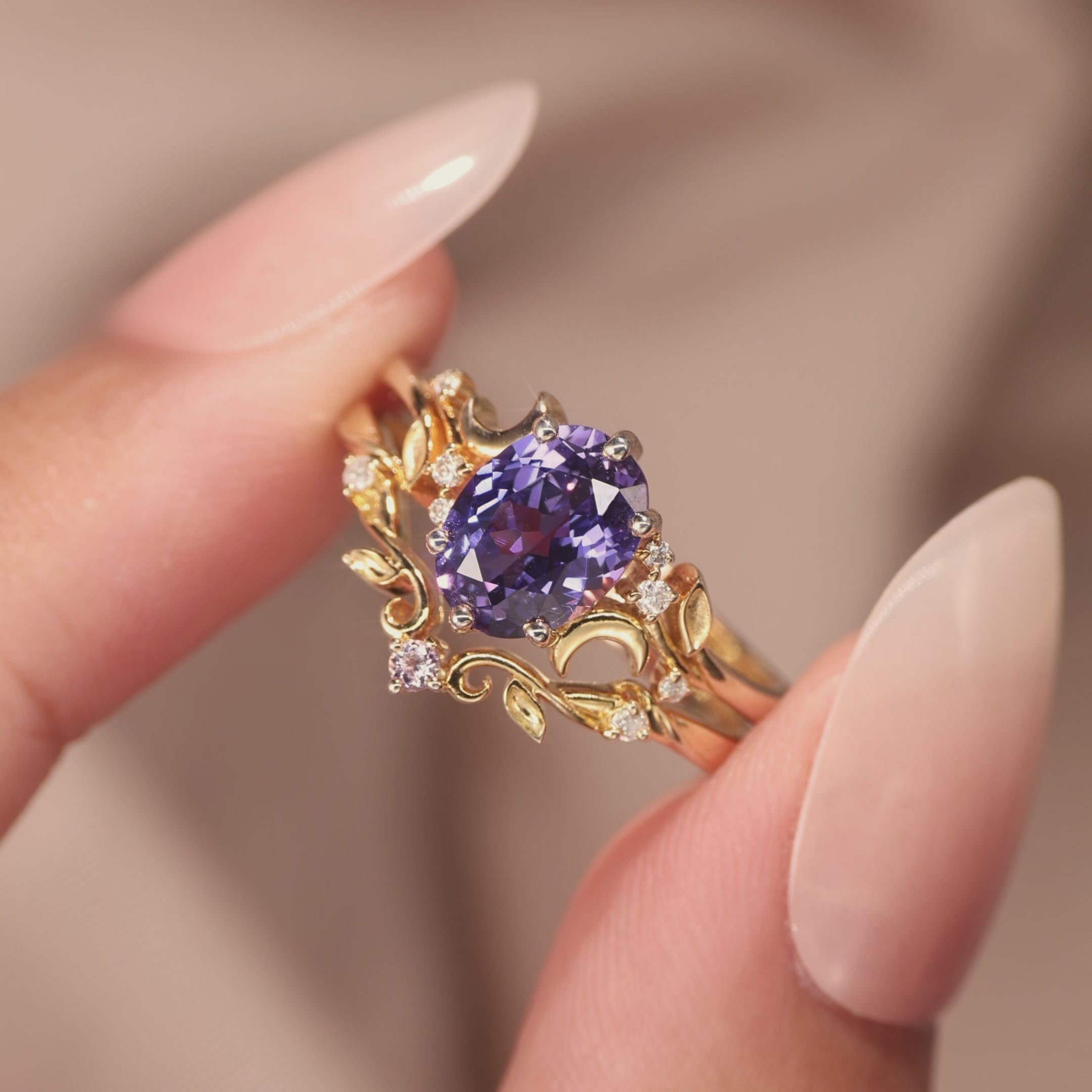 Load video: Moonlight Fairy Oval Cut Purple Sapphire Moon &amp; Leafy Ring Bridal Sets 2pcs - Meriel
