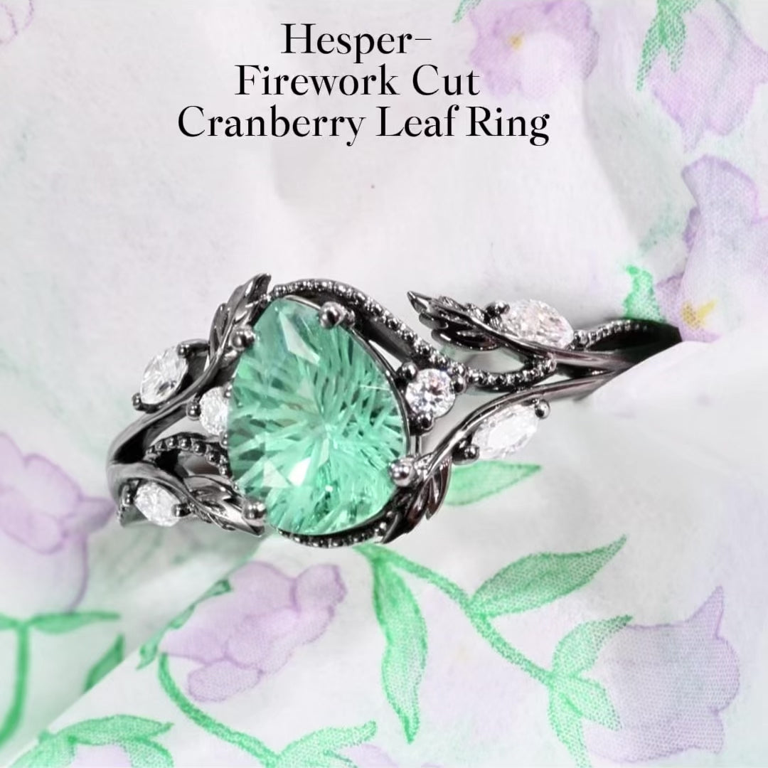Load video: Hesper - Filigree Leafy Pear Firework Cut Green Sapphire Engagement Ring