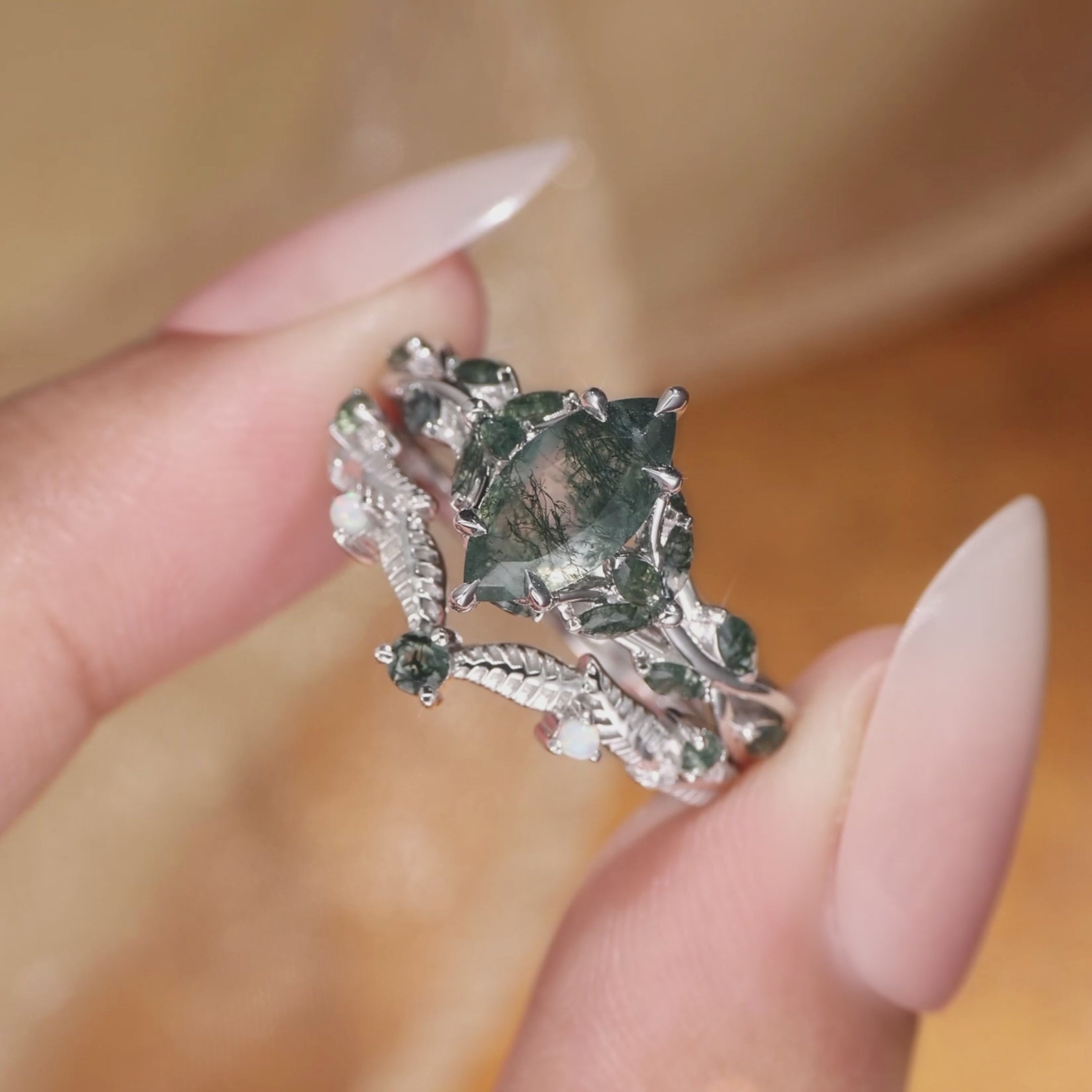 Load video: Nature Inspired Marquise Moss Agate Lush Leafy Engagement Ring 2PCS - Willow