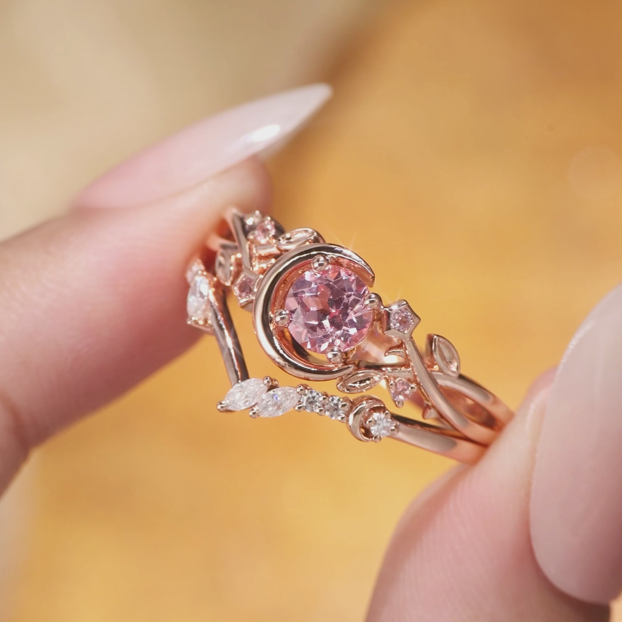 Load video: Crescent Moon Twisted Round Cut Pink Sapphire Bridal Set 2pcs - Noreen