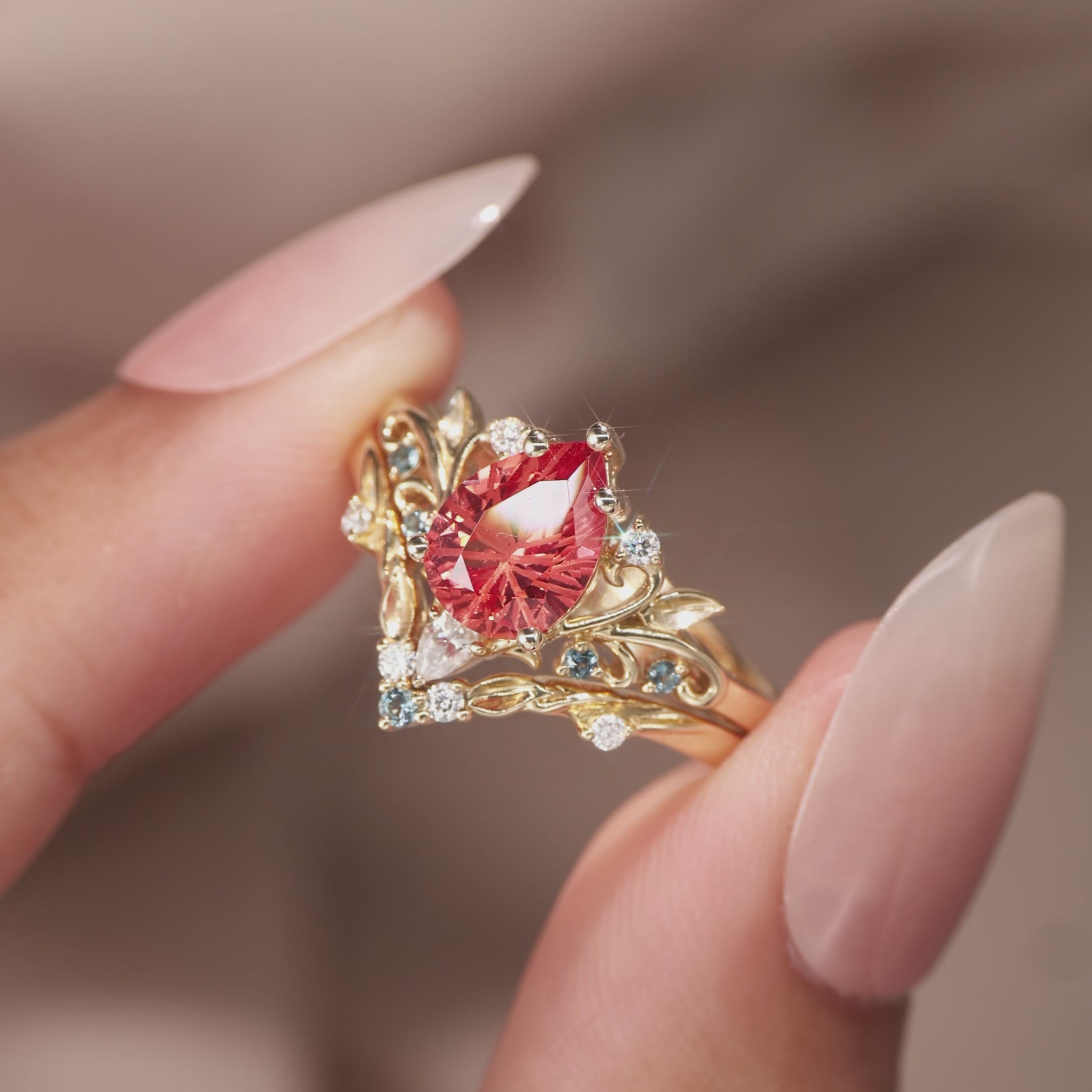 Load video: Radiant Fairy  Firework Cut Pear Orange Sapphire Leafy Bridal Set 2pcs - Liliosa