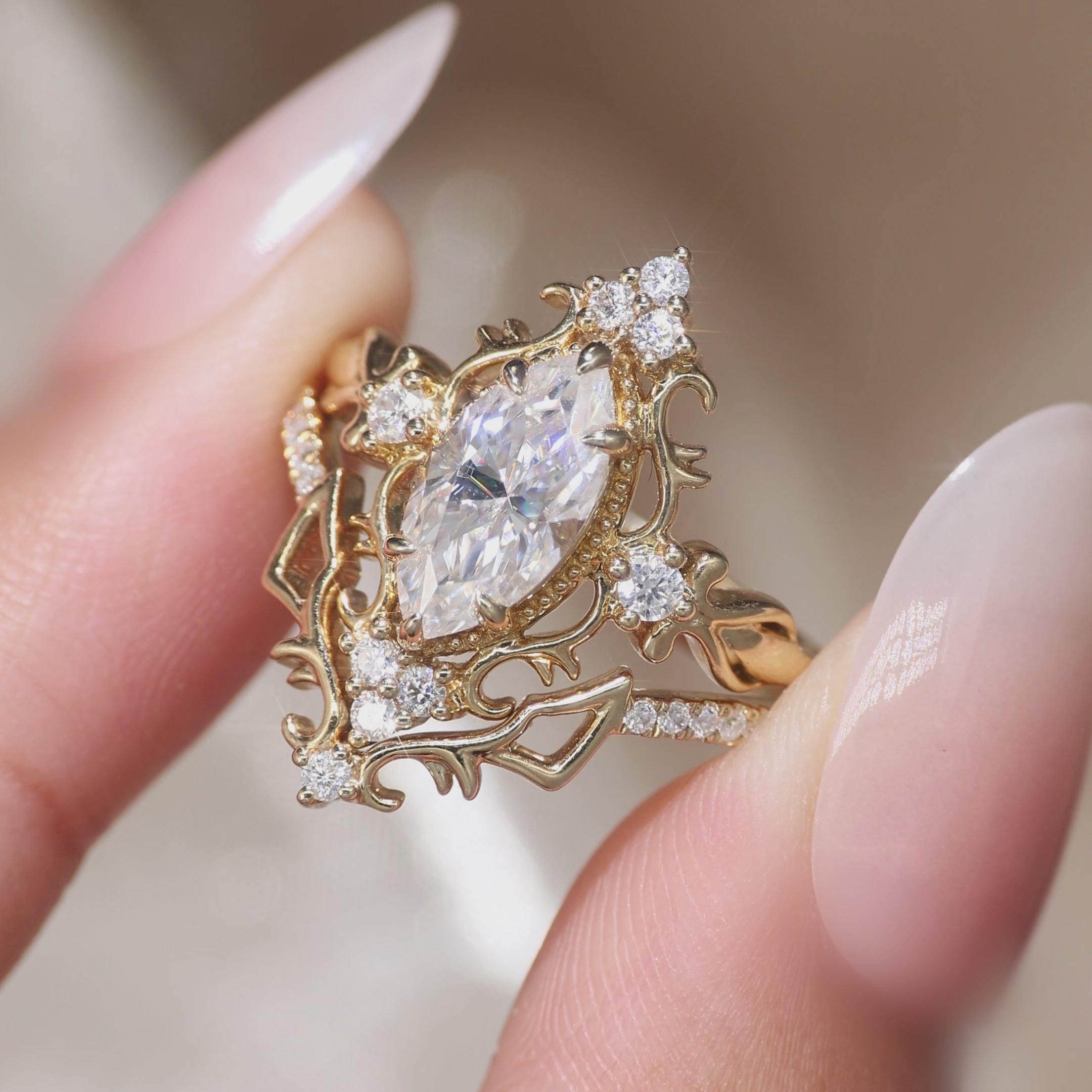 Load video: Eugenie - Marquise Cut Moissanite Victorian Vintage Ribbon Bridal Sets 2PCS