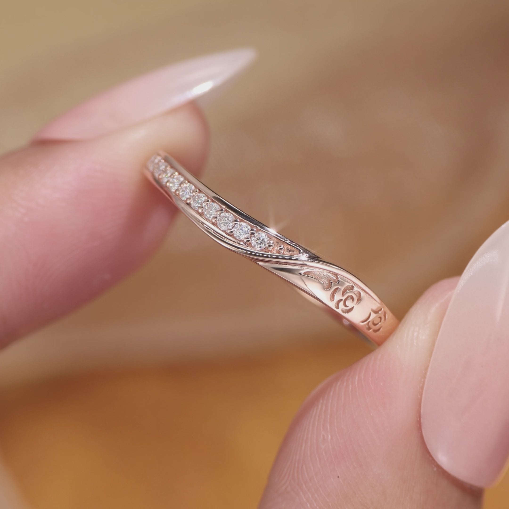 Load video: Unique Moissanite Wedding Band Art Deco Engraved Flower Ring For Women