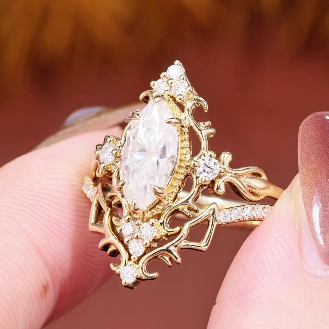 Load video: Eugenie - Marquise Cut Moissanite Victorian Vintage Ribbon Bridal Sets 2PCS