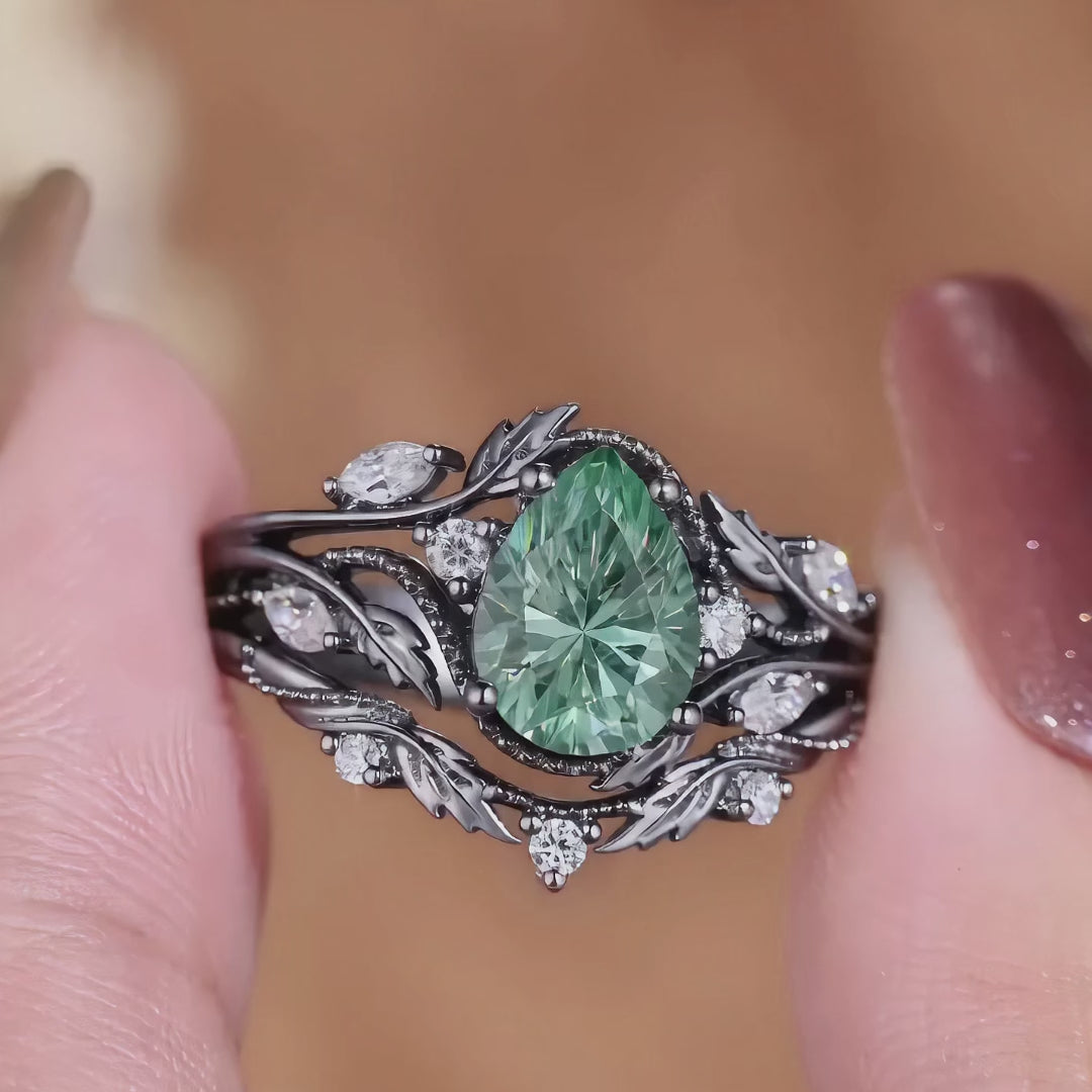 Load video: Hesper - Filigree Leafy Pear Firework Cut Green Sapphire Engagement Ring