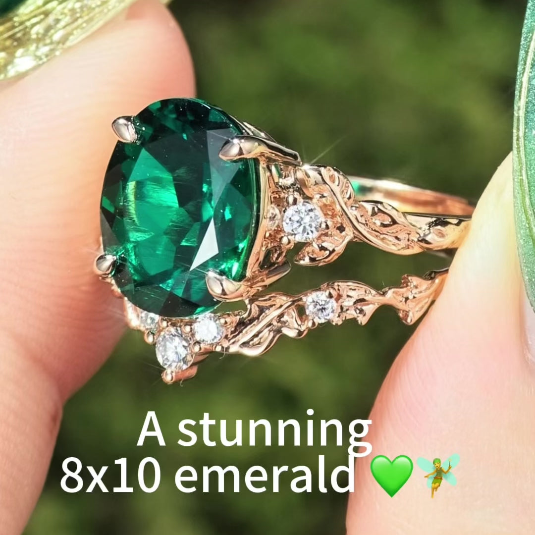 Load video: Eden - 4.0CT Oval Cut Lab Emerald Leaf Branch Engagement Ring Set 2pcs