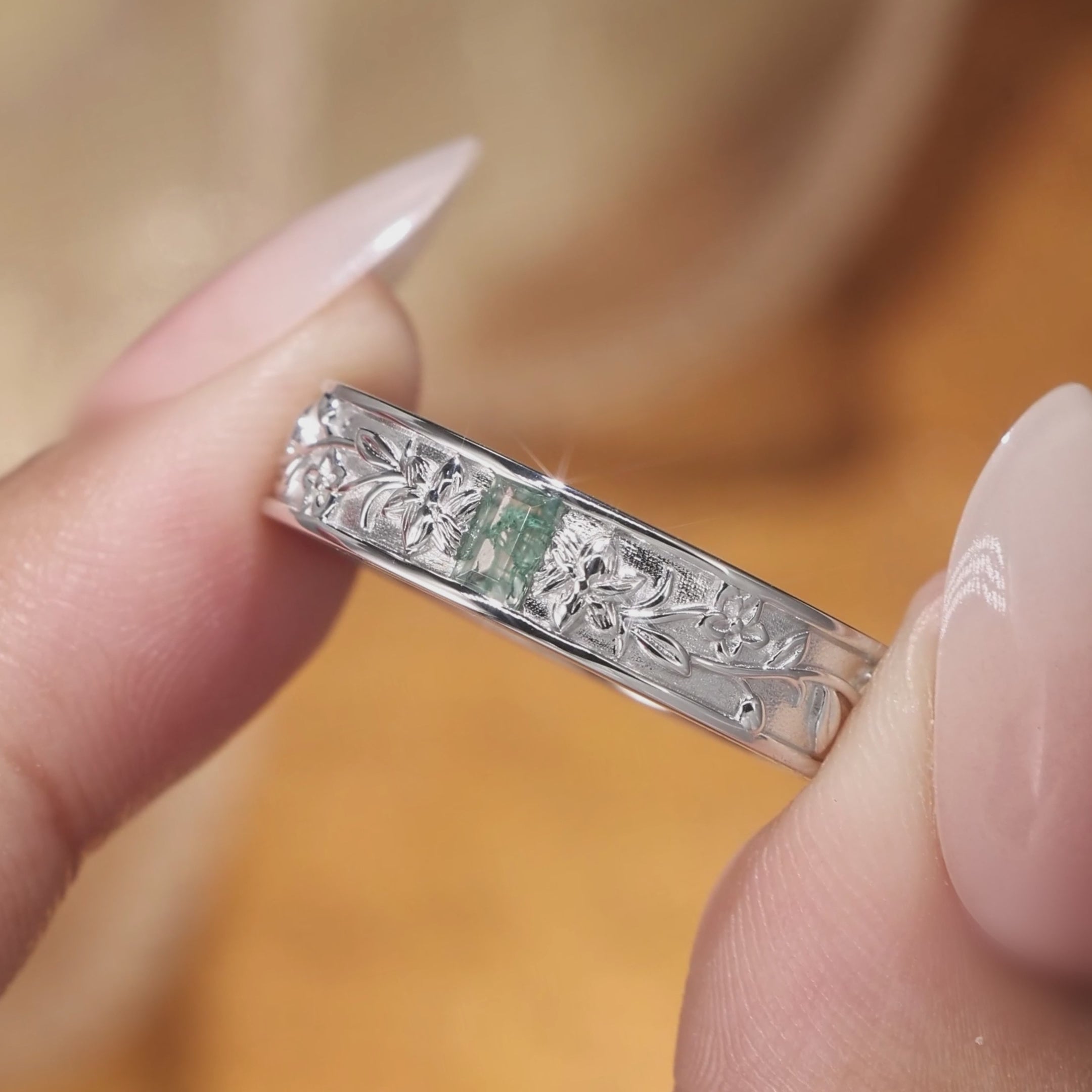 Load video: Men Band - Art Deco Emerald Cut Moss Agate Flower Inspired Engraved Ring