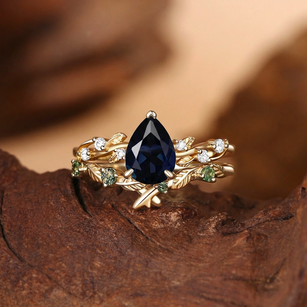 Black Sapphire Pear Cut Leaves Inspired Bridal Set 2pcs - Clarissa