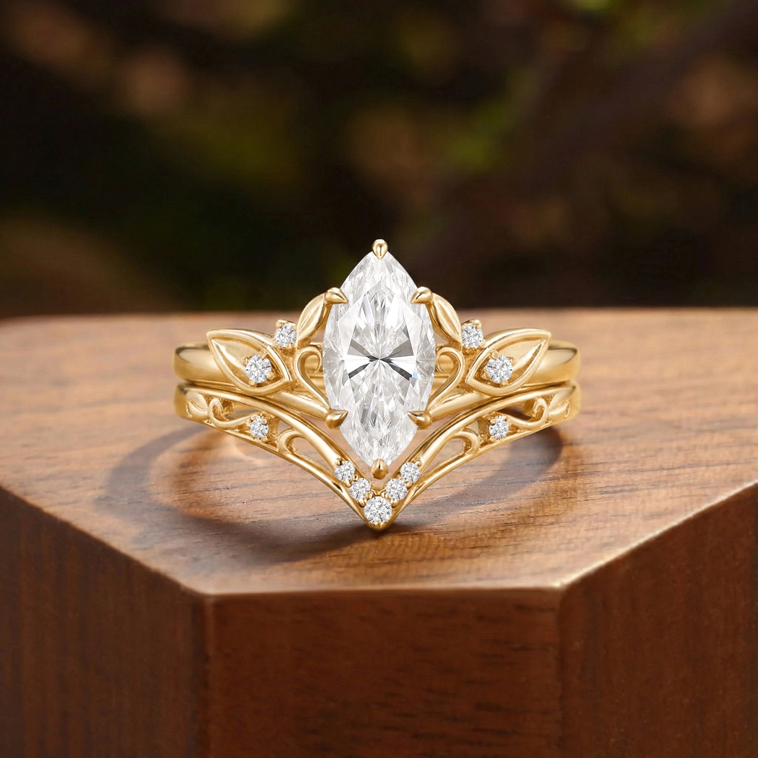 Forest Fairy Marquise Cut Moissanite Cluster Bridal Set 2pcs - Felicity