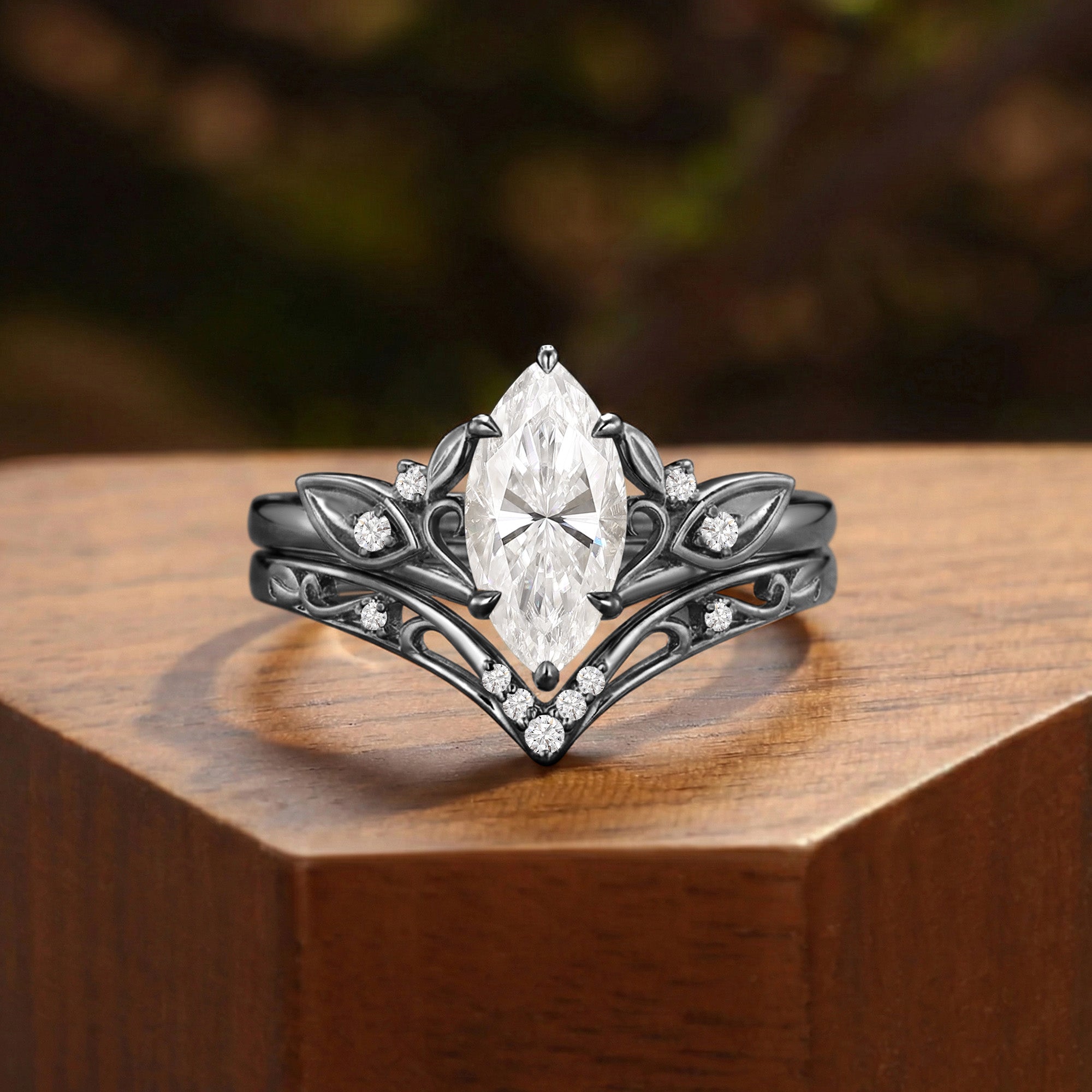 Forest Fairy Marquise Cut Moissanite Cluster Bridal Set 2pcs - Felicity