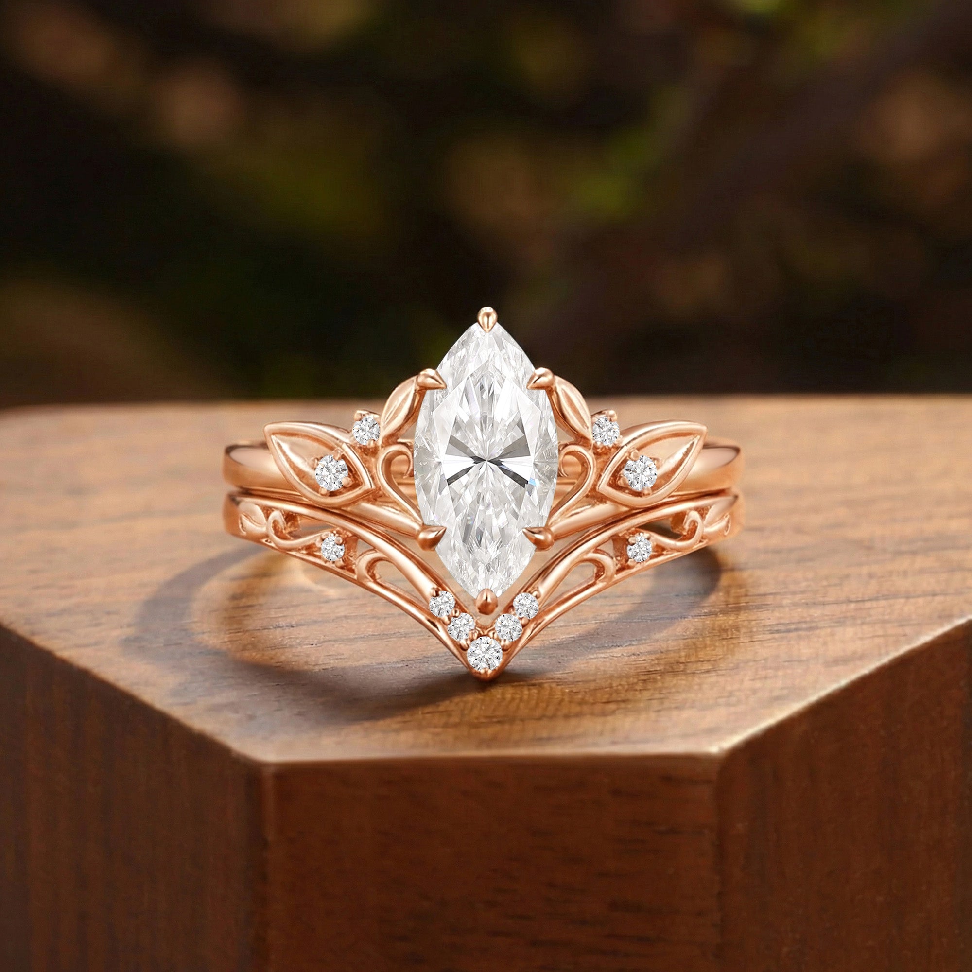 Forest Fairy Marquise Cut Moissanite Cluster Bridal Set 2pcs - Felicity