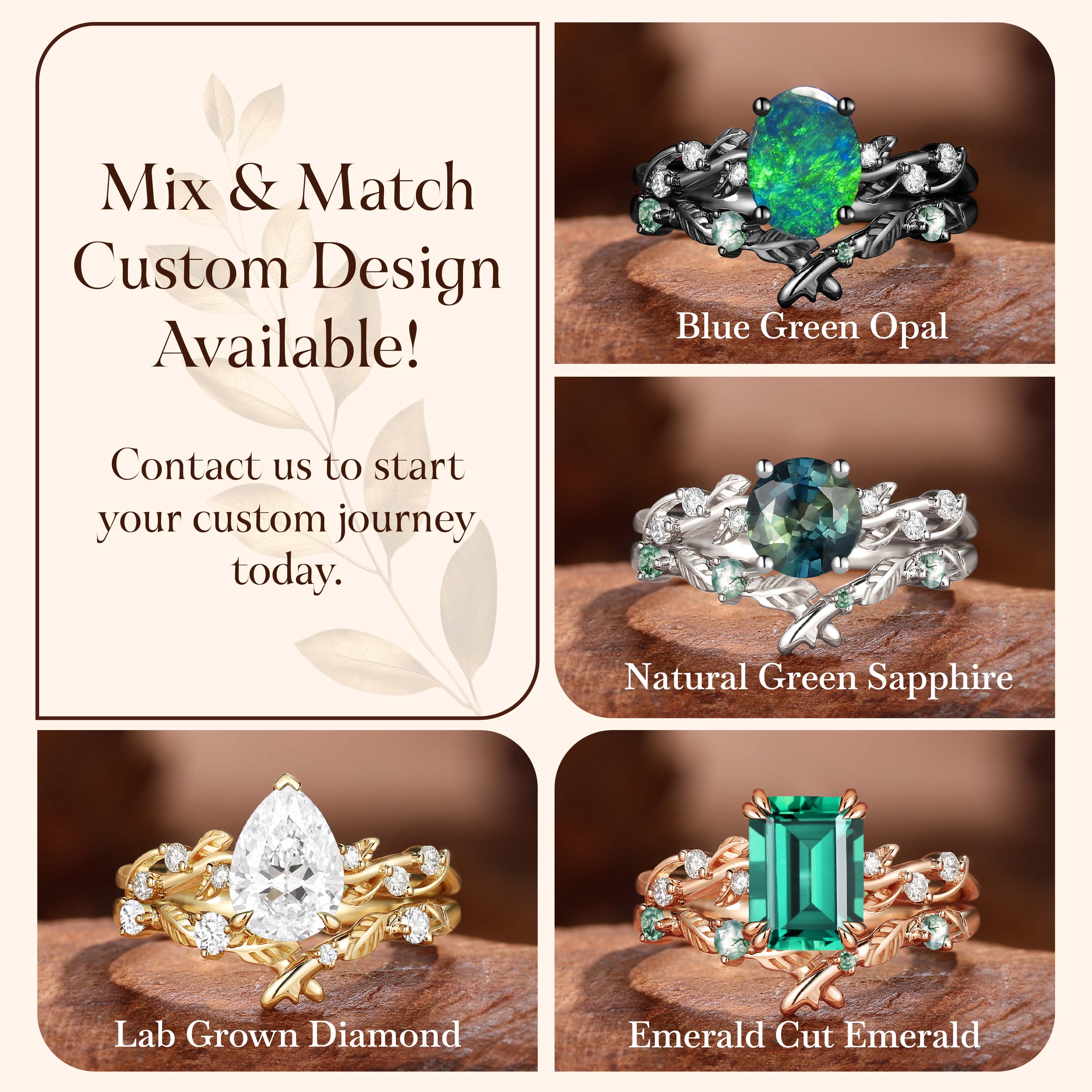 Clarissa - Pear Cut Lab Green Sapphire Leafy Bridal Set 2pcs