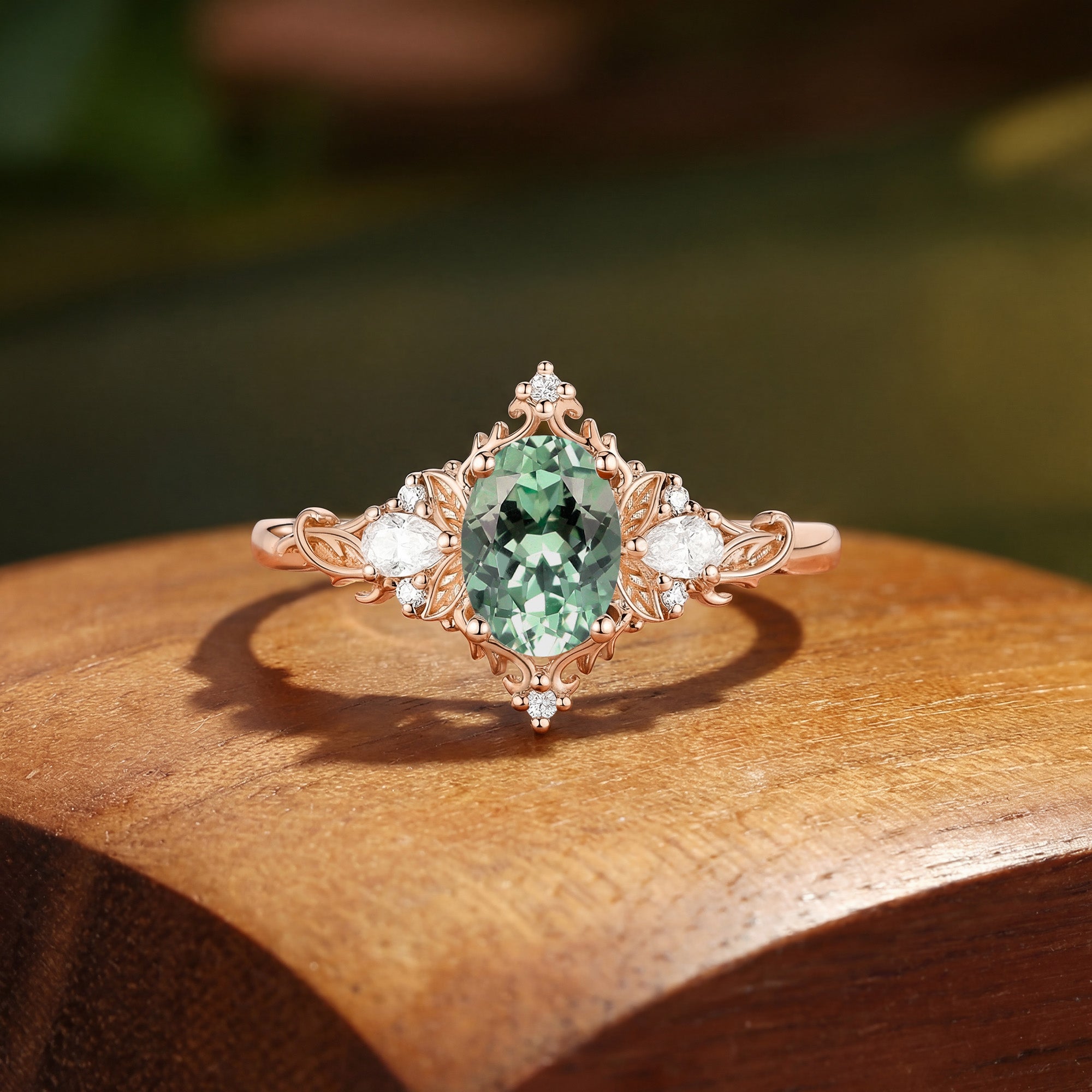 Floral Fairy Oval Cut Green Sapphire Flower Engagement Ring - Fanchon