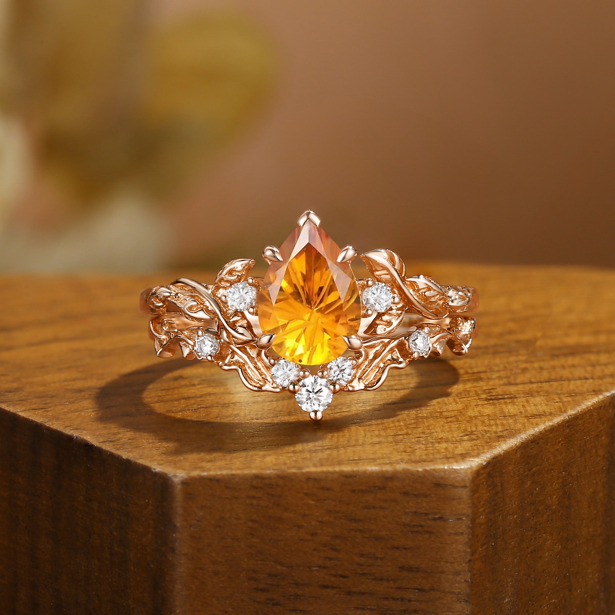 Firework Pear Cut Citrine Leaf Branch Engagement Ring Set 2pcs - Eden
