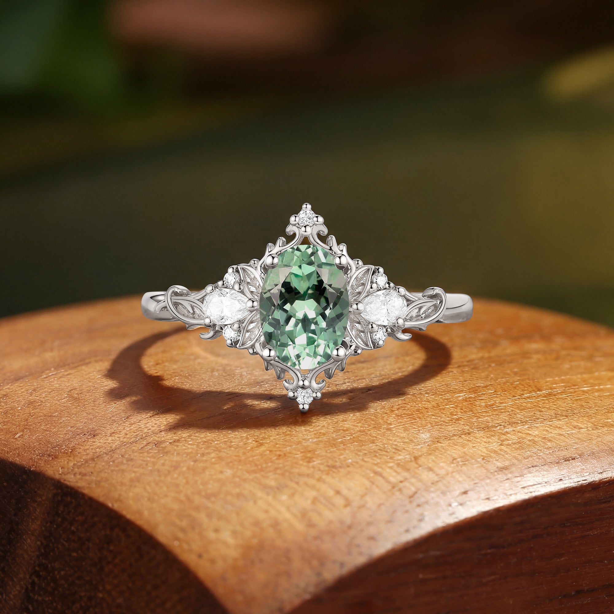 Floral Fairy Oval Cut Green Sapphire Flower Engagement Ring - Fanchon