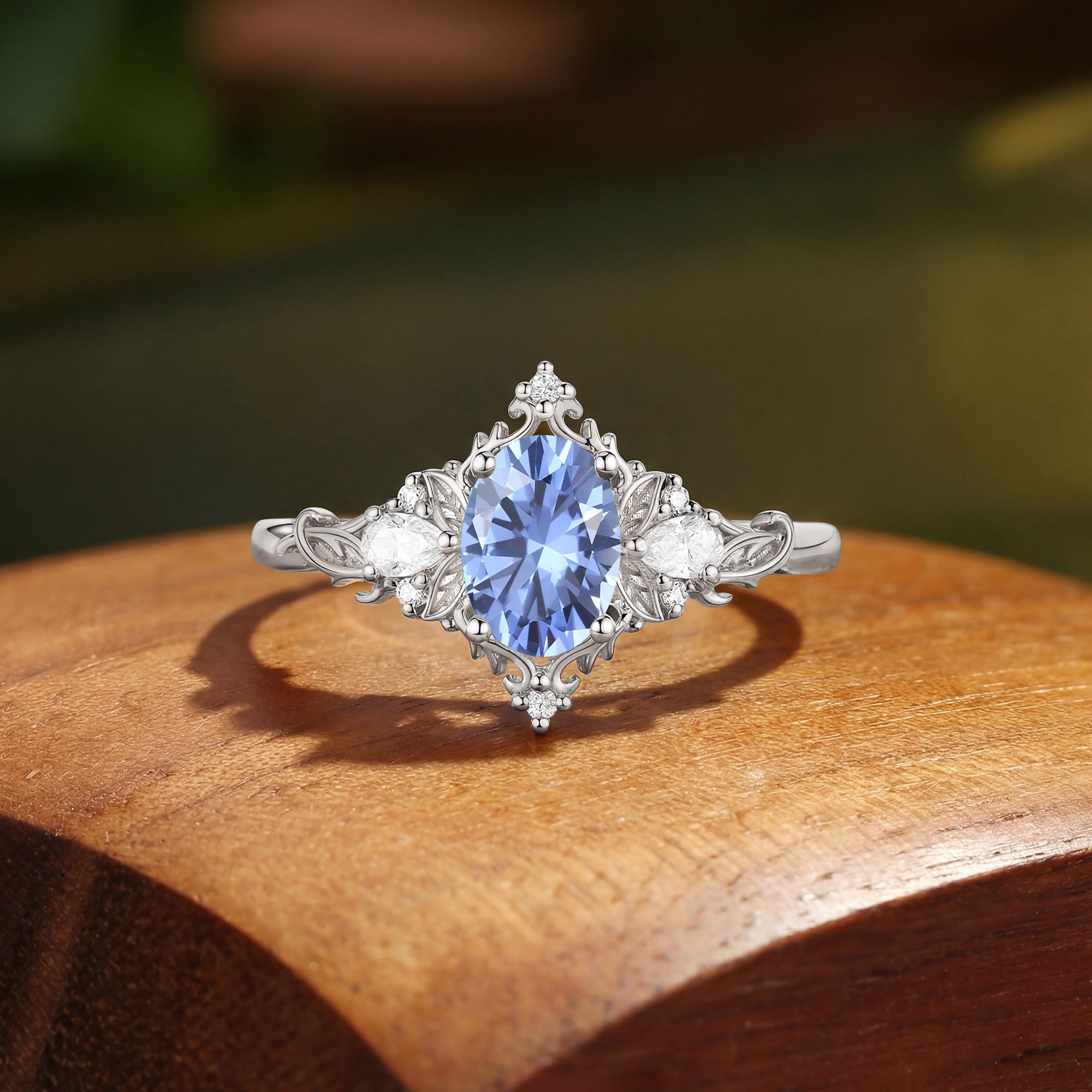 Floral Fairy Oval Cut Cornflower Blue Sapphire Flower Engagement Ring - Fanchon
