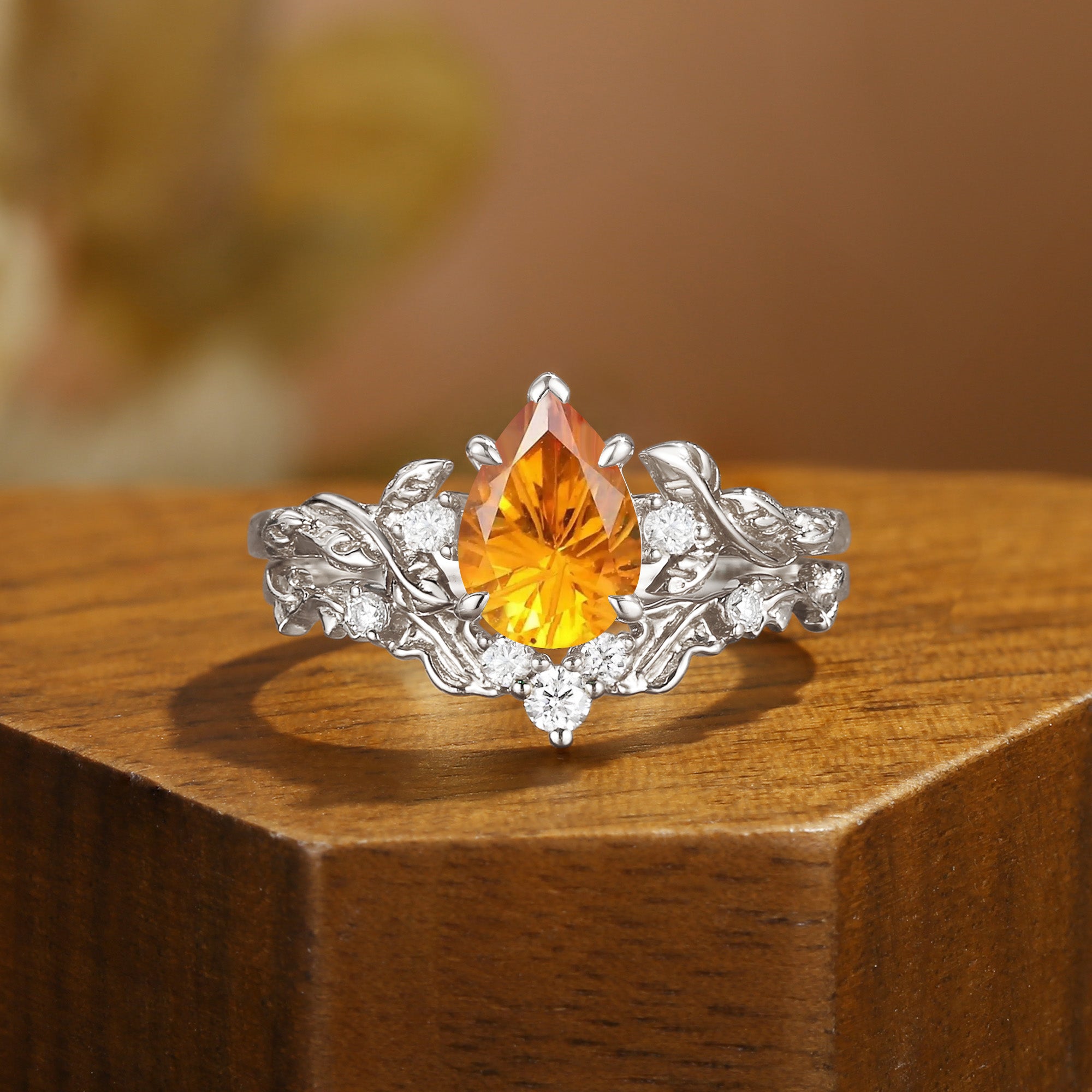 Firework Pear Cut Citrine Leaf Branch Engagement Ring Set 2pcs - Eden