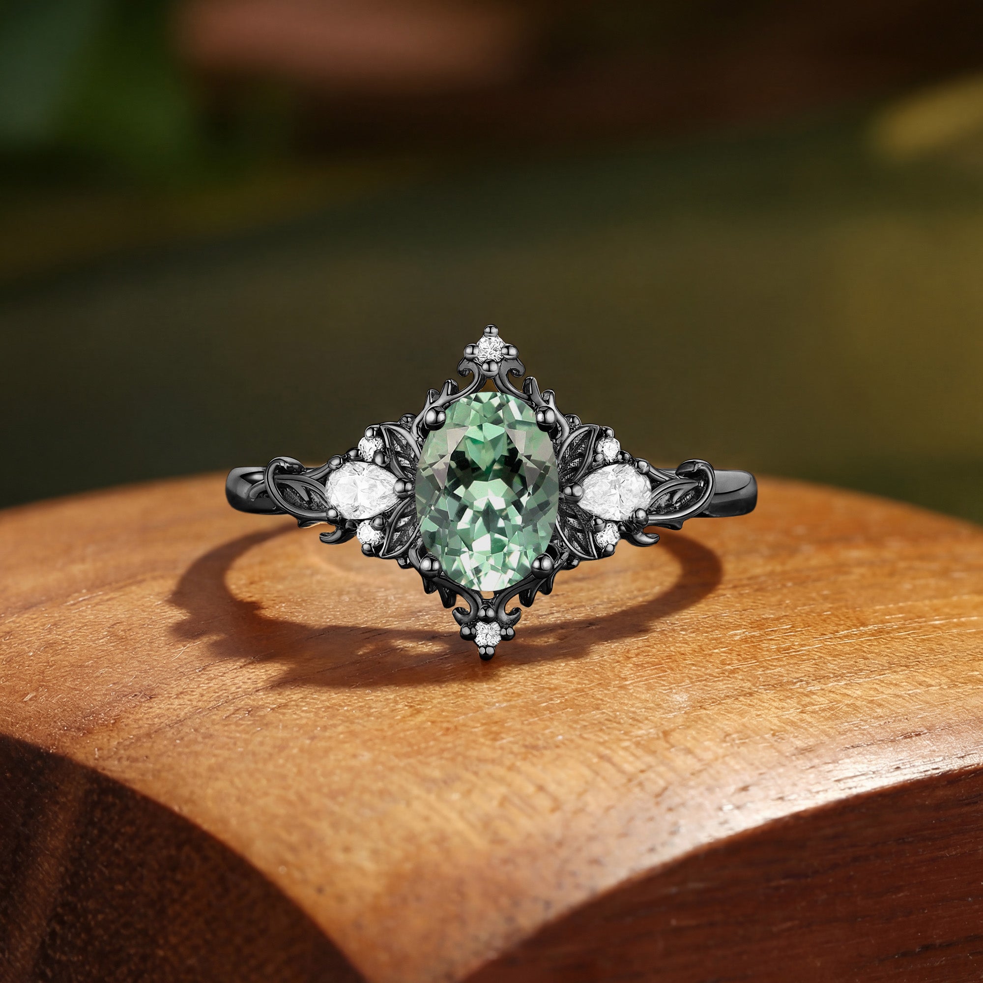 Floral Fairy Oval Cut Green Sapphire Flower Engagement Ring - Fanchon