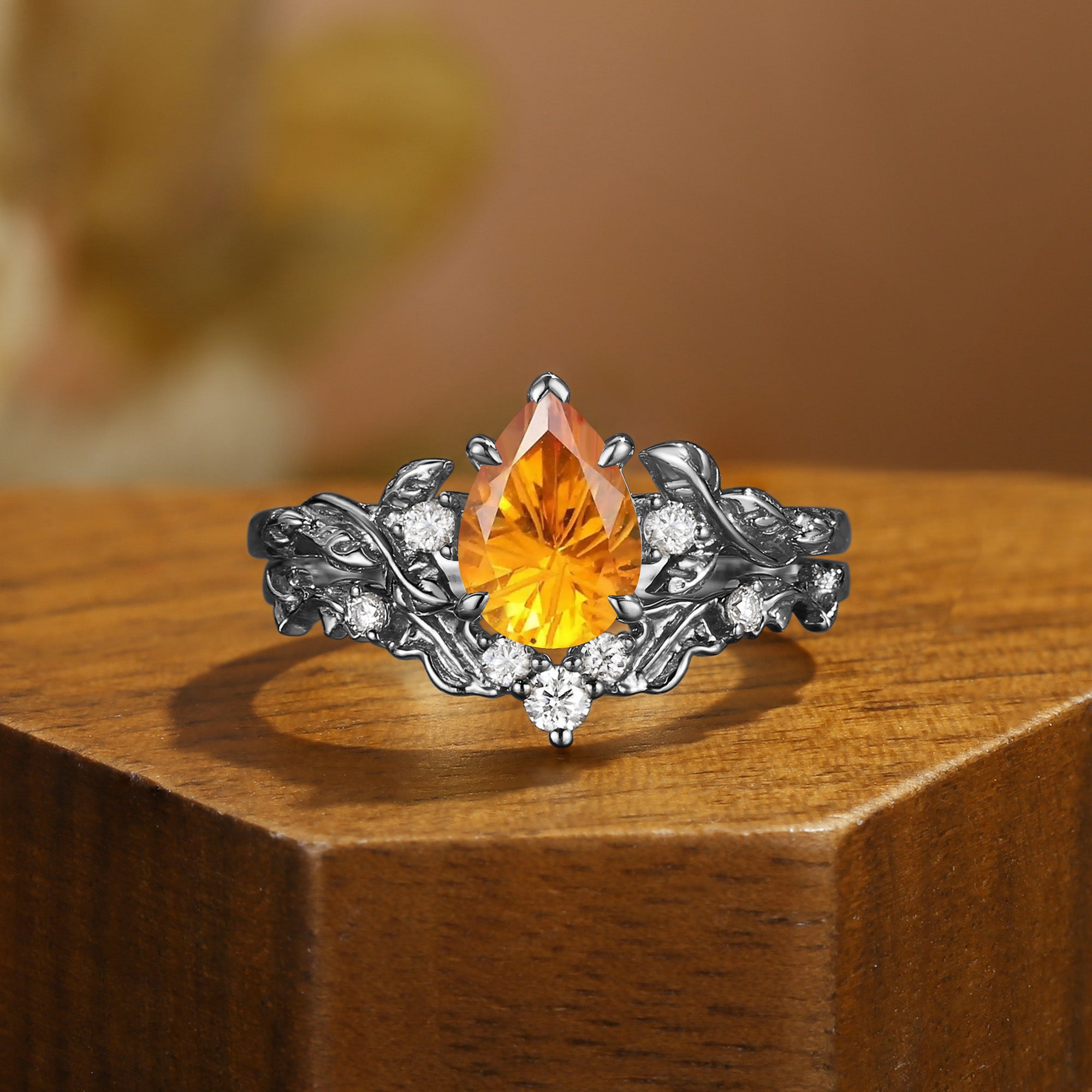 Firework Pear Cut Citrine Leaf Branch Engagement Ring Set 2pcs - Eden