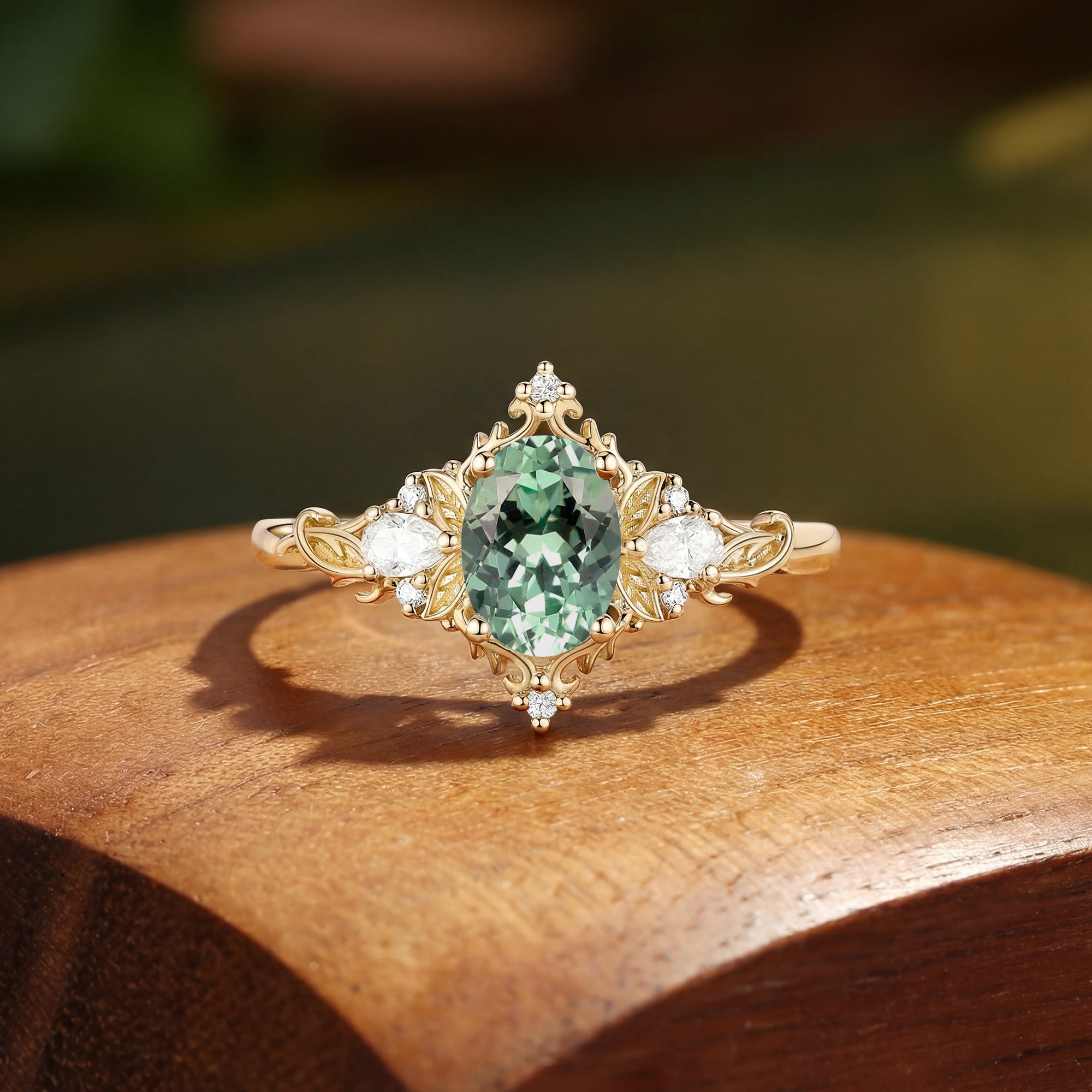 Floral Fairy Oval Cut Green Sapphire Flower Engagement Ring - Fanchon