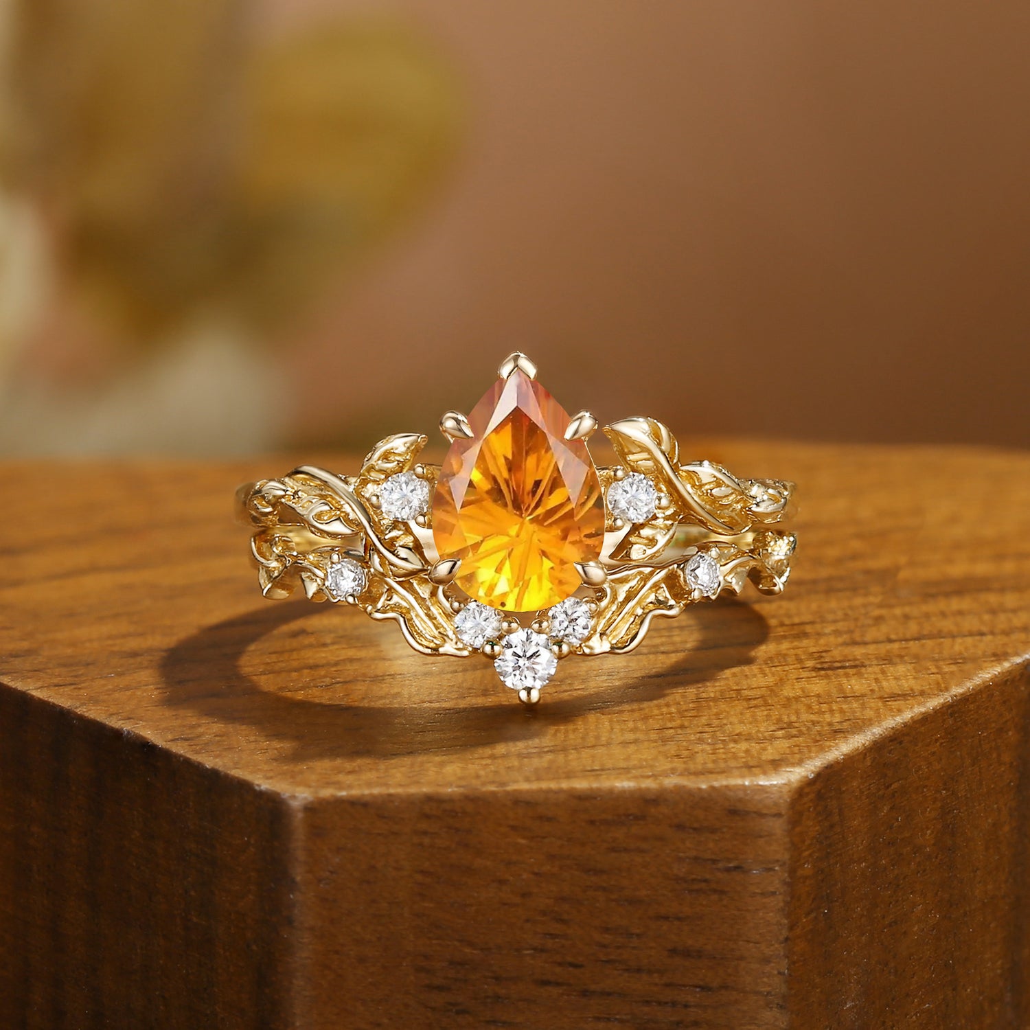 Firework Pear Cut Citrine Leaf Branch Engagement Ring Set 2pcs - Eden