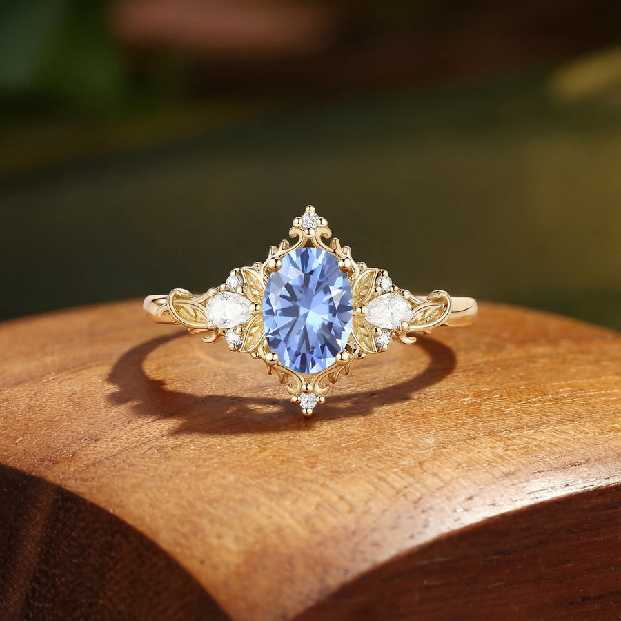 Floral Fairy Oval Cut Cornflower Blue Sapphire Flower Engagement Ring