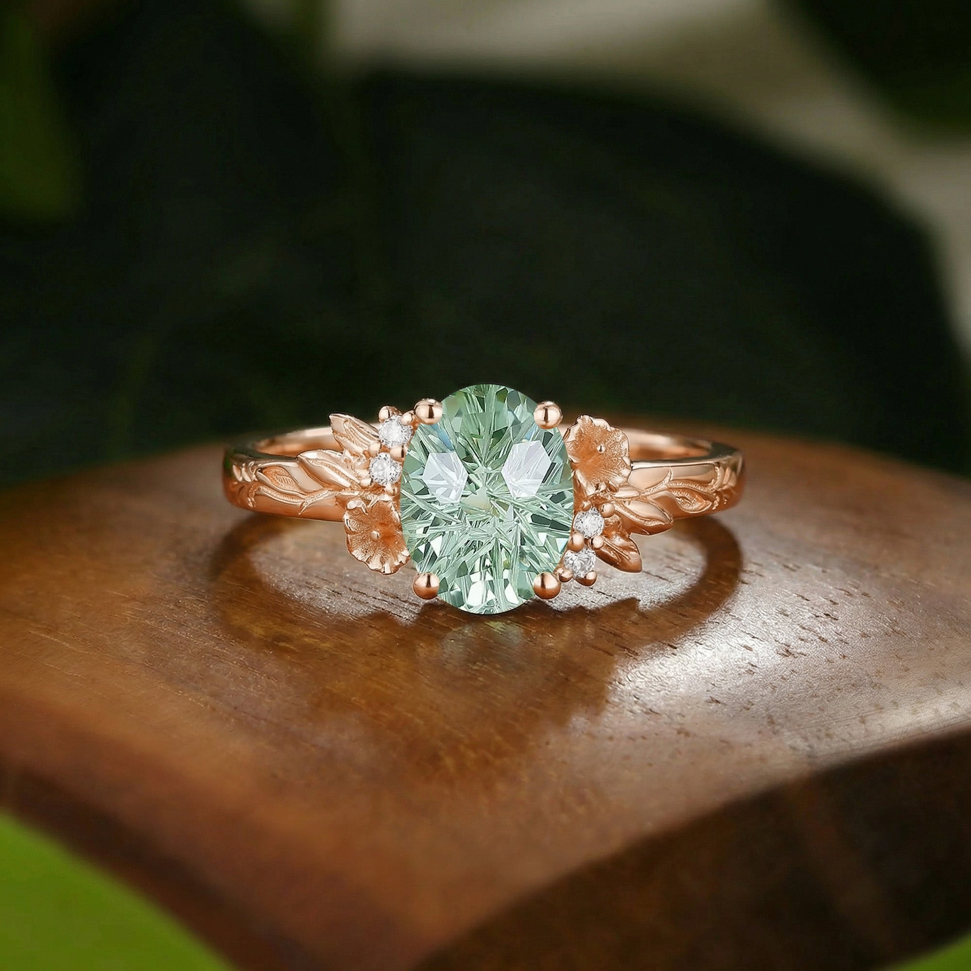Floral Oval Cut Green Sapphire Flower Engraved Branch Engagement Ring - Charlotte