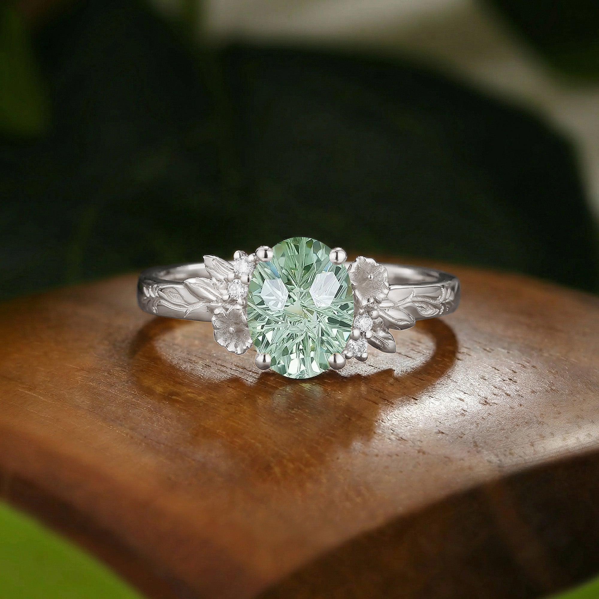 Floral Oval Cut Green Sapphire Flower Engraved Branch Engagement Ring - Charlotte